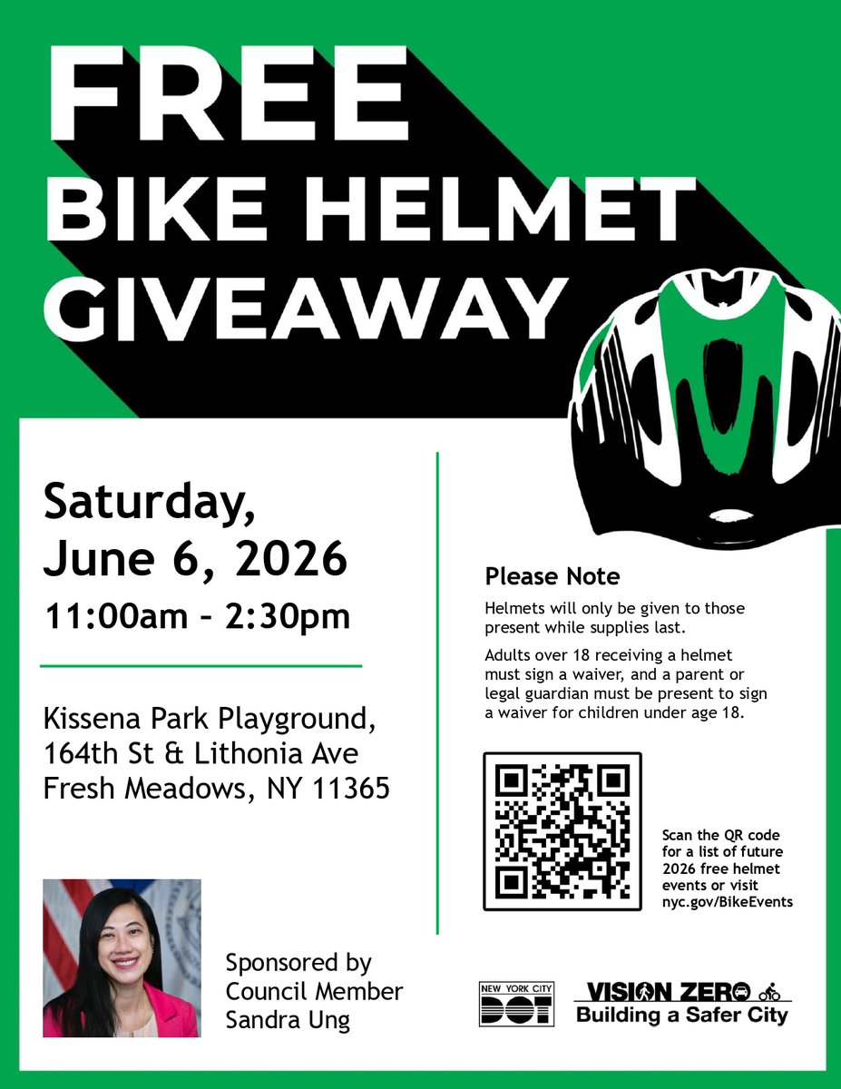 CMSandraUng's tweet photo. Whether you're riding a bike for fun, exercise or commuting, safety should always come first. I’m partnering with @NYCDOT for a FREE bike helmet giveaway TOMORROW in Kissena Park. If you or someone in your family needs a helmet, stop by and pick one up while supplies last. https://t.co/Ix9DEi9cqh