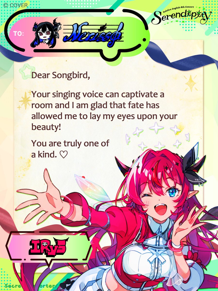 hololive_En's tweet photo. 💌Secret Supporter Relay💌

Hey @nerissa_en, you've got mail! 🎼
@irys_en has written something just for you 💎📫 

We hope that these secret admirer messages spark joy while preparations for #holoSerendipity ramp up 📣✨

Watch this space for the next Secret Supporter message!

🔽Concert Website🔽
https://t.co/bxFKwqdkCk