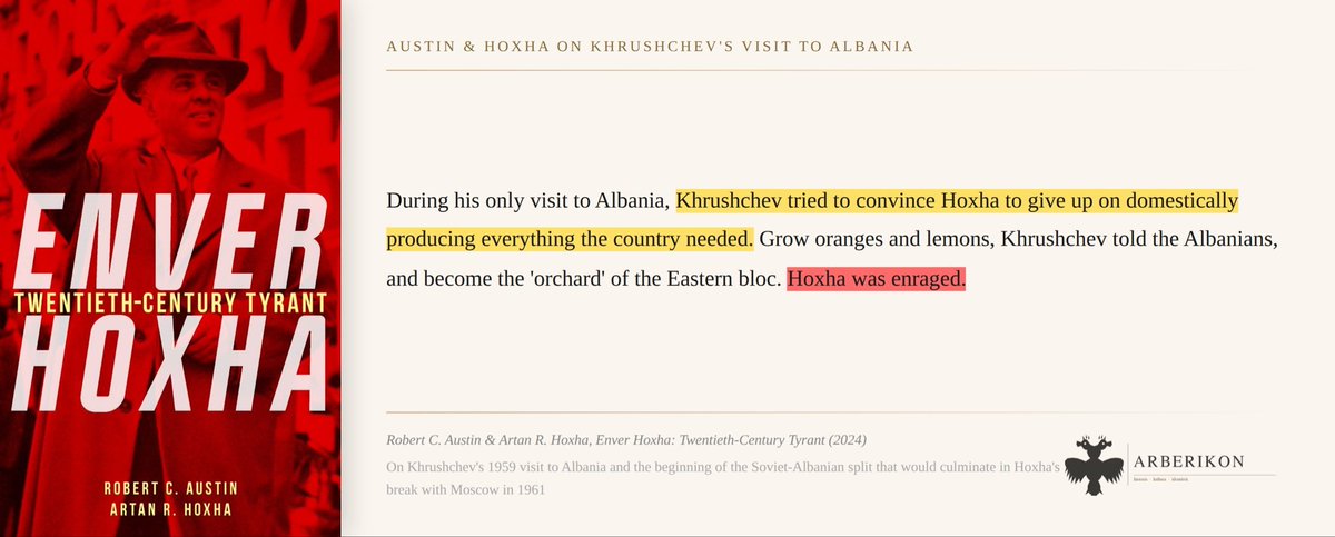 Arberikon's tweet photo. One of the biggest reasons for Hoxha’s break with the USSR was Khrushchev’s insistence that Albania abandon its programme of industrialisation and instead focus primarily on agriculture, supplying food to the rest of the Eastern Bloc. https://t.co/6FHk0j9AHC