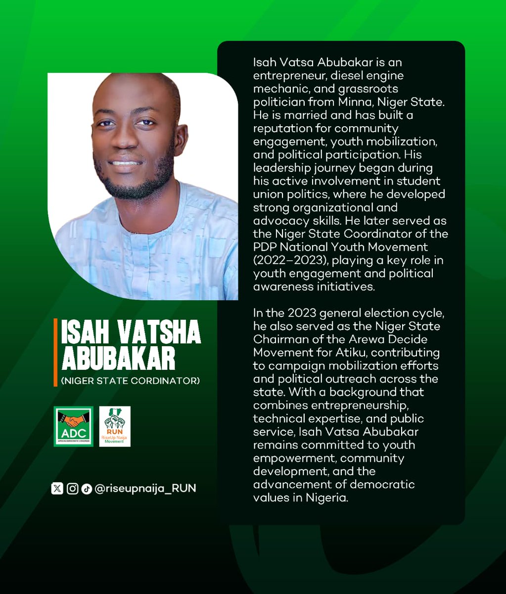 ComrVatsa's tweet photo. I am deeply honored to accept my nomination as Niger State Coordinator of RiseUp Naija_RUN Movement under the African Democratic Congress (ADC). https://t.co/swI4lyI36s