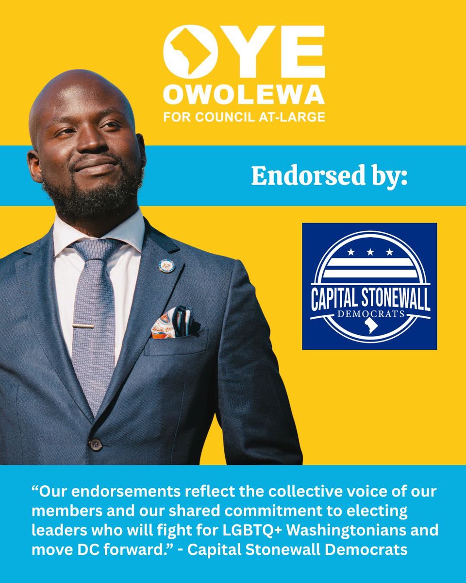 repoyedc's tweet photo. Honored to receive the endorsement of Capital Stonewall Democrats.
I’ll continue fighting for a DC where every resident, regardless of who they are or who they love, can thrive. Thank you for your trust and support.
#Oye4DC #DCCouncil #CapitalStonewallDemocrats #OneDC https://t.co/s7LKLHKlTz