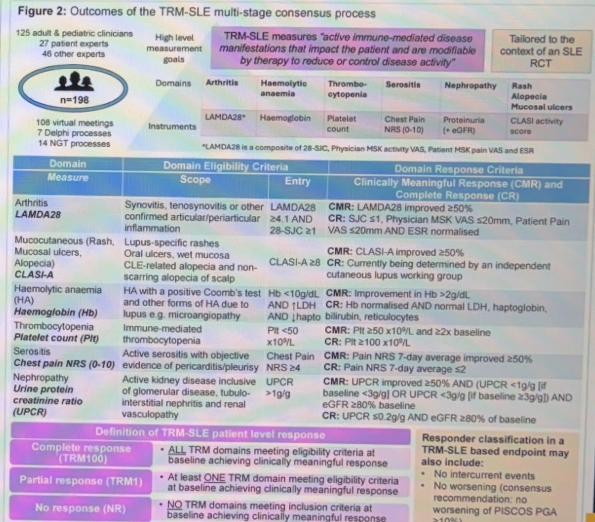 Janetbirdope's tweet photo. Treatment response measure in #SLE

#TRM-SLE
 
A nonvalidated list of organ specific outcomes in #lupus

Can you better differentiate active &amp; #placebo Rx

Is tool better than 
#BILAG
#SLEDAI
#SRI4
#BICLA
Etc

Not ready yet to be used validate 1st
@RheumNow #EULAR2026
#POS168 https://t.co/iO86qqTZmZ