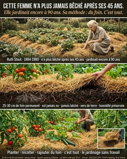 ChristinePP27's tweet photo. Cette femme n'a plus jamais bêché après 
ses 45 ans. Elle jardinait encore à 90 ans. 
Ruth Stout. Américaine. Née en 1884. 
En  1944, elle attendait que quelqu'un vienne labourer son potager.  Personne ne venait. Impatiente, elle a pris ses graines et les a  plantées directement dans le sol non travaillé, 
sous le foin de l'année précédente. 
Tout a poussé. Mieux qu'avant. 
Elle n'a plus jamais bêché. Pendant 36 ans. 
La méthode Ruth Stout 
le paillage permanent total : 
Un seul principe : le sol ne doit jamais être nu. Jamais travaillé. Jamais bêché. 
Une  couche permanente de foin ou de paille de 20 à 30 cm recouvre tout —  les allées, les planches, les espaces entre les plantes. Elle est  renouvelée continuellement dès qu'elle s'affaisse. 
C'est tout. Il n'y a pas d'étape 2. 
Ce qui se passe sous le foin : 
→ Les vers de terre prolifèrent — ils adorent l'humidité et le foin en décomposition 
→ Le sol reste frais et humide même en canicule — Ruth n'arrosait pratiquement jamais 
→ Les mauvaises herbes ne germent pas — sans lumière, les graines restent dormantes 
→ Le foin en décomposition nourrit le sol continuellement — zéro engrais 
Comment démarrer : 
→ Si tu as une pelouse ou des mauvaises herbes : pose du carton mouillé directement sur la végétation, recouvre immédiatement 
de 25-30 cm de foin 
→ Pour planter : écarte le foin, fais un petit trou dans le sol, plante, referme le foin autour du plant 
→ Pour semer : écarte le foin, dépose les graines sur le sol, recouvre de 2-3 cm de terreau fin, 
puis referme légèrement le foin autour 
→  Renouvellement : quand le foin s'affaisse sous 15 cm, rajoute une  couche par-dessus — jamais enlever le vieux foin, il se décompose et  nourrit 
Ce que Ruth ne faisait plus : 
→ Bêcher — jamais 
→ Désherber — jamais 
→ Arroser — presque jamais 
→ Fertiliser — jamais 
Ce qu'elle faisait uniquement : 
→ Planter 
→ Récolter 
→ Rajouter du foin 
Le seul investissement : 
Du  foin ou de la paille en grande quantité la première année. Contacte un  agriculteur local — une botte ronde de foin suffit pour un potager de 50  m². Prix : 10 à 30 € selon la région. 
Ruth Stout appelait ça "le jardinage sans travail". Elle a écrit un livre à 77 ans pour l'expliquer. 
Elle jardinait encore à 90 ans. 
Sources : Ruth Stout "Gardening Without Work" (1961), Charles Dowding (no-dig), 
Terre Vivante