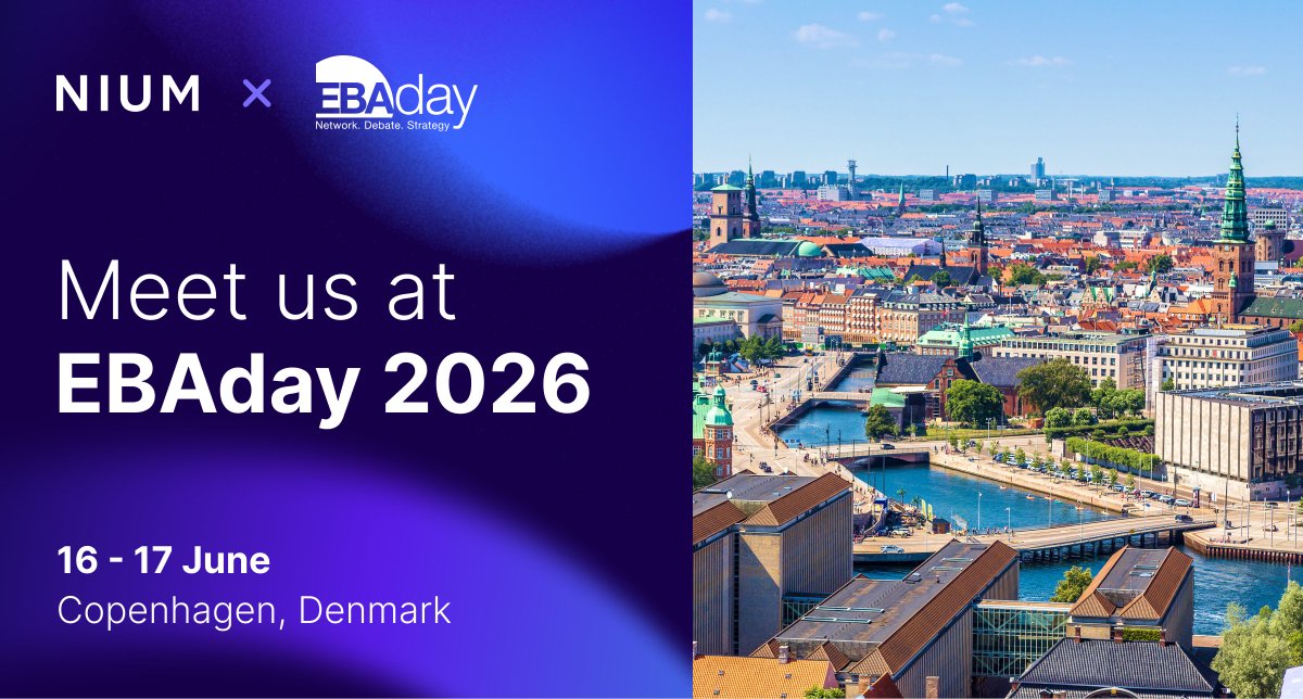 The image features promotional content for EBAday 2026, with logos for NIUM and EBAday. The event is scheduled for June 16-17 in Copenhagen, Denmark. The right side of the image displays an aerial view of a cityscape with historical buildings and waterways.