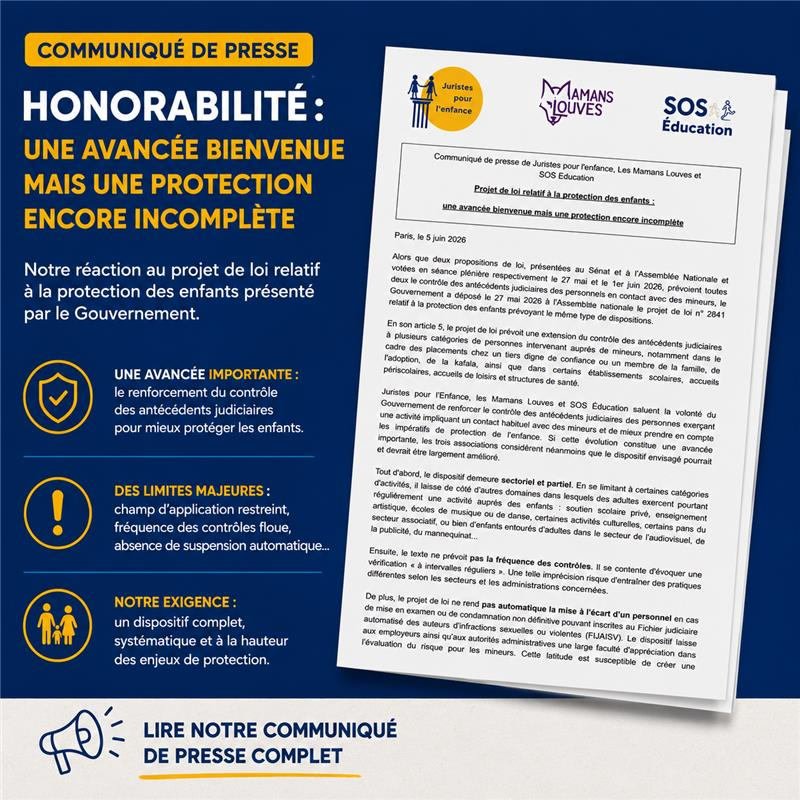 soseducation's tweet photo. 🚨Le gouvernement a rendu disponible lundi 1 juin 2026 le projet de loi pour la protection des enfants.
Vous êtes nombreux à nous solliciter pour savoir quel est notre regard sur ce texte.
Découvrez-le ici ⬇️
https://t.co/NCJ1rM1SuA
@AudugeSophie @MamansLouves @JuristePLE  #ProtectionDeLEnfance #DroitsDeLEnfant #periscolaire #pedocriminel #fijais