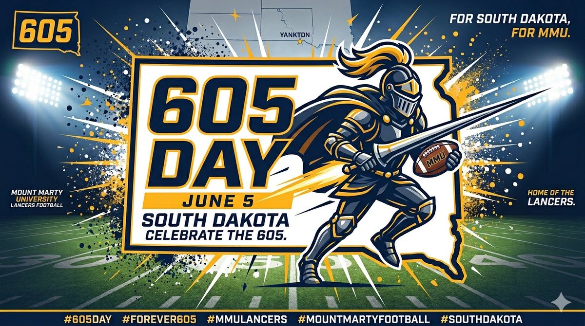 MMULancersFB's tweet photo. 🏈 Proud to call the 605 home.

Built on hard work, faith, and toughness. Happy #605Day from Mount Marty Football! ⚔️💙💛 #GoldenStandard #SouthDakota #Forever605 https://t.co/Shm3Djf4e8