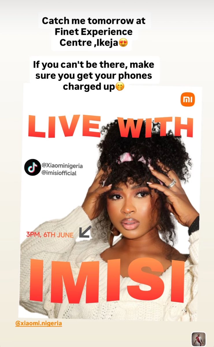HEYBIDEMI's tweet photo. Oya turn up Imisi will be live at finest experience center Ikeja tomorrow 💃💃💃 we’re outside tomorrow 

IMISI X XIAOMI https://t.co/yn9xGDYZSu