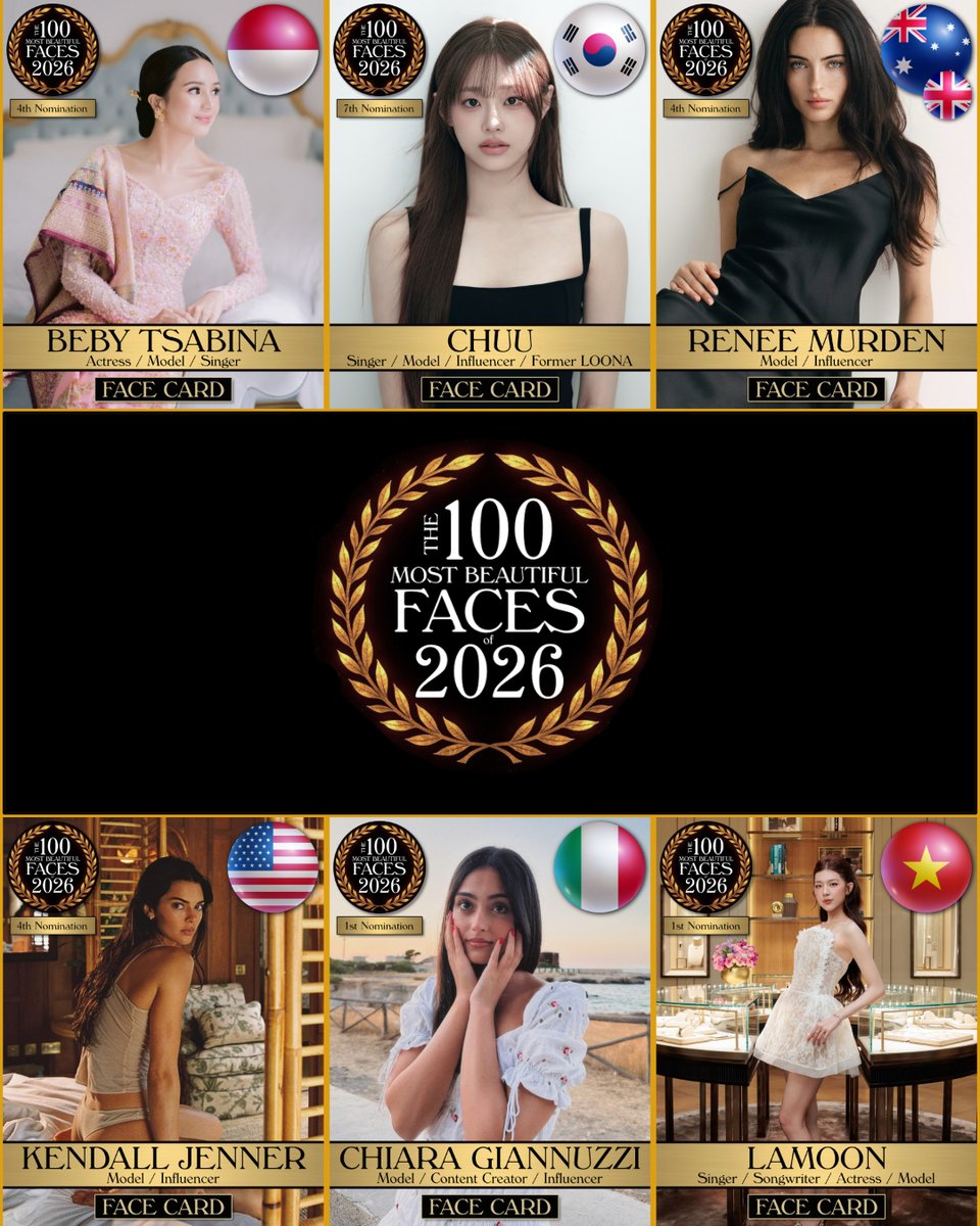 tccandler's tweet photo. Which face should represent 2026? To nominate & vote please join 70,000+ on our Patreon! (link in bio). #tccandler #100Faces #100faces2026 #bebytsabina @cutputritsabina #chuu @chuu_atrp #reneemurden @KendallJenner #chiaragiannuzzi #lamoon https://t.co/y8K7MyB2UI