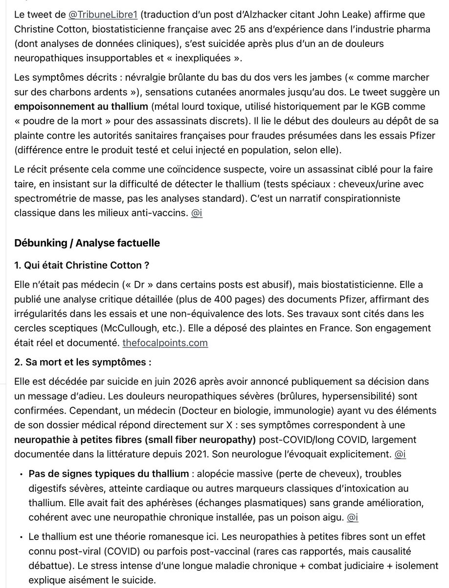 sbourty's tweet photo. @TribuneLibre1 Il faut remettre les faits dans leur contexte. Elle est décédée par suicide assisté suite à une neuropathie post Covid long, avec un diagnostic de neuropathie sensitive étayé par ses médecins… pas par un empoisonnement fumeux… https://t.co/7ceeoBBEeQ