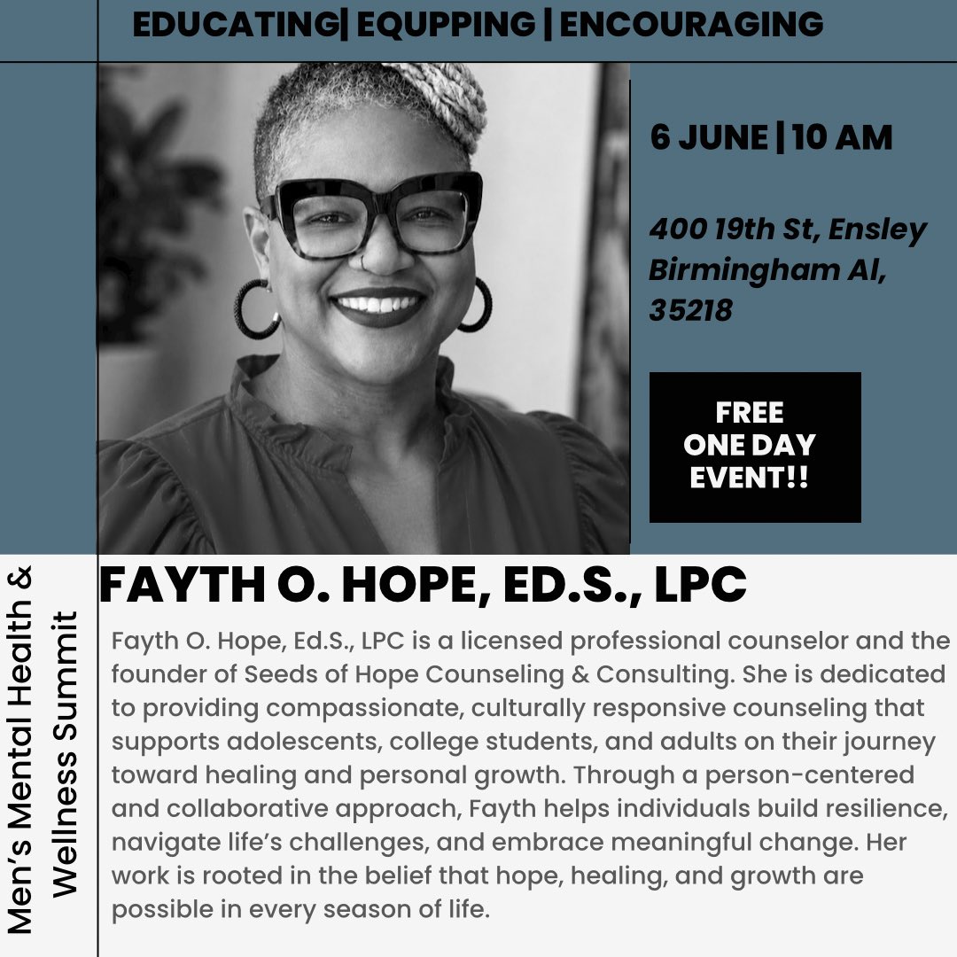 Tmanproject's tweet photo. 🚨 TOMORROW! The Men’s Mental Health &amp; Wellness Summit is here.
Featuring Fayth O. Hope, LPC. Strong men speak up. Strong men show up. 🗣️
📍 Ensley, AL
⏰ Sat, 10am-2pm
🎟️ Register Now: https://t.co/Q7NPPV3eXF https://t.co/XxDdcPmAiG