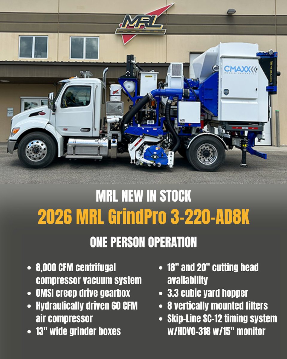 MRLequipment's tweet photo. MRL New In Stock
2026 MRL GrindPro 3-220-AD8K
One person operation
Contact the MRL sales team today!
877-788-2907
sales@markritelines.com
#MRL #markritelines #mrlequipment #roadmarking #lineremoval #stripingremoval #highwaymarking #pavementmarkingequipment https://t.co/wsofUqKBSG