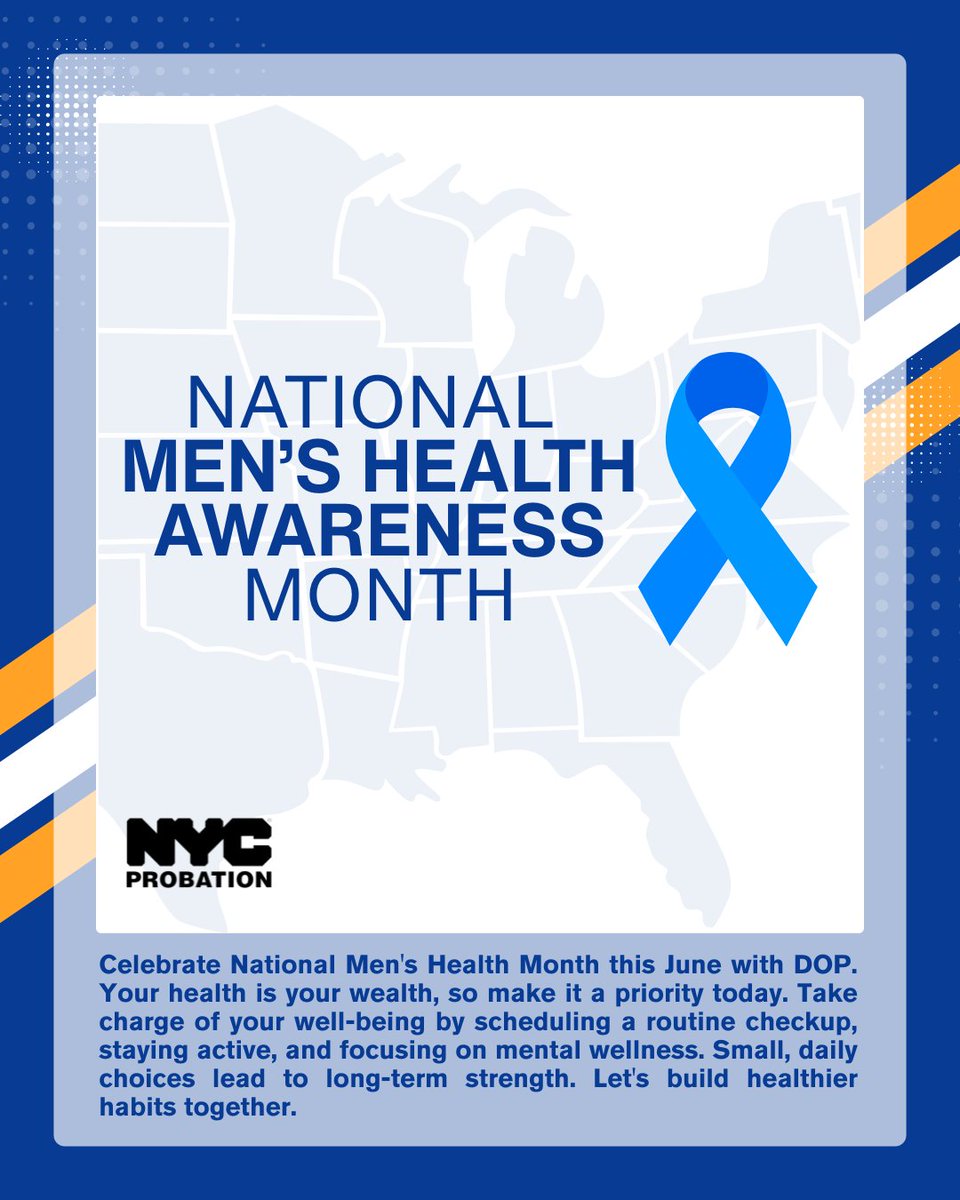 nycprobation's tweet photo. June is National Men's Health Month! 💙 At DOP, we believe your health is your wealth. Don't wait for a symptom to take action. Schedule your routine checkup, stay active, and prioritize your mental well-being today. Let's build healthier habits together. #MensHealthMonth https://t.co/7fll3hU24z