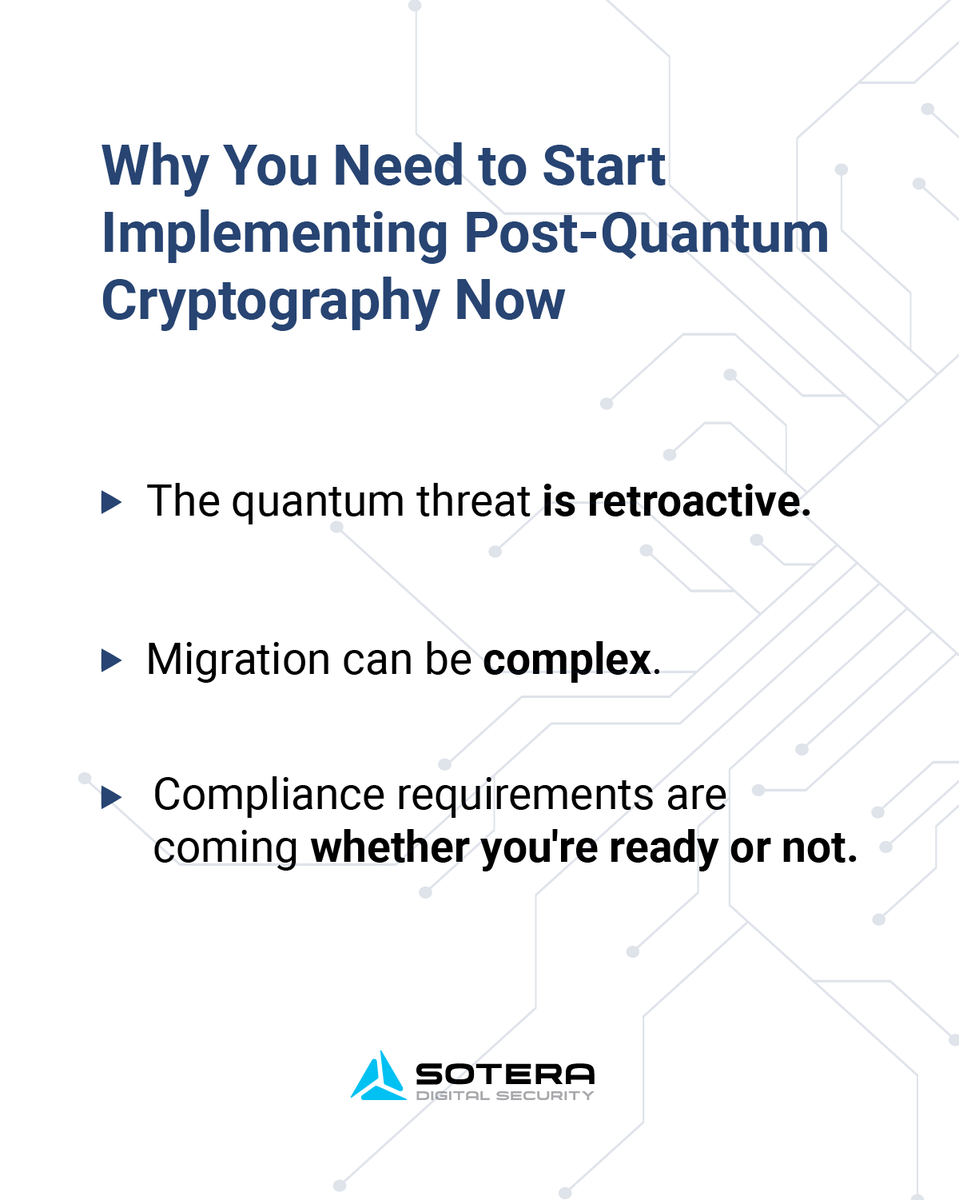 SoteraDigital's tweet photo. Although quantum computers are not readily available yet, post-quantum cryptography is already being rolled out to protect organizations from Harvest Now, Decrypt Later attacks. https://t.co/oEpfoV73k4