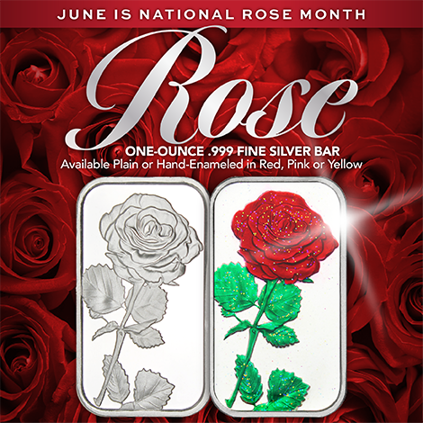 SilverTowneLP's tweet photo. Struck in .999 fine silver, our 1oz bar featuring a single Rose is available plain or hand-painted in three popular colors: red, pink or yellow. The bars can be personalized, making them the perfect keepsake during National Rose Month. Shop the link >> https://t.co/hGsApqhsd1 https://t.co/zIXMfOuC5Q