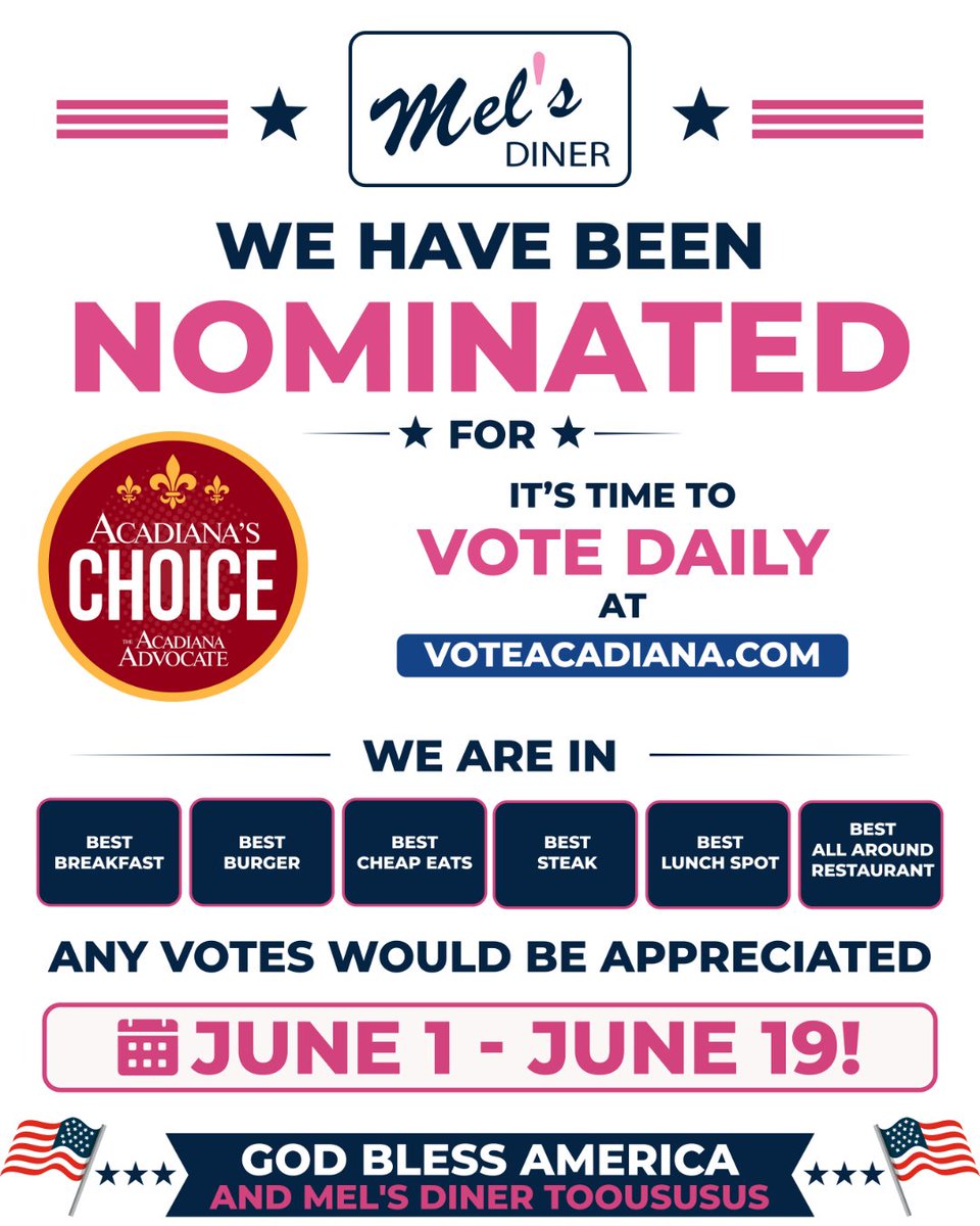 TheMelsDiner's tweet photo. 🥳 Well, look what happened! Mel's Diner has officially been nominated for Acadiana's Choice, and we couldn't be more grateful. We are nominated in a couple of categories, so vote now till June 19th!❤️

☑️Vote here: https://t.co/a66xrAMt6U https://t.co/2j1rPWUPQx