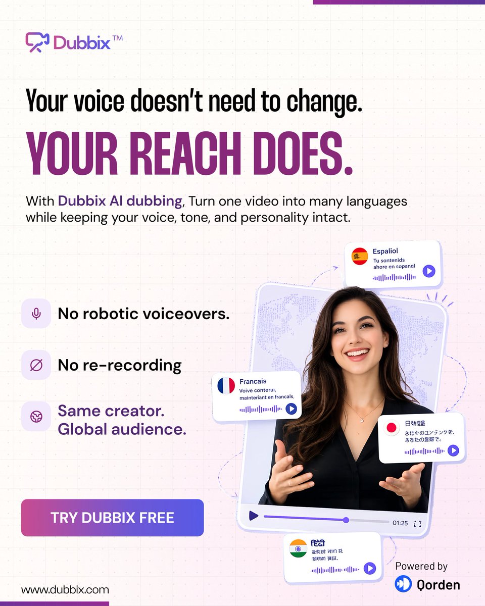 DubbixAI's tweet photo. Your content already has a voice. Why replace it when you can amplify it? 

With Dubbix AI Dubbing, transform your videos into multiple languages while keeping the tone, emotion, and personality that make your content unique. 

No robotic voiceovers. No re-recording. Just natural-sounding multilingual content that helps you connect with a global audience.

Whether you're a content creator, marketer, educator, or business, AI-powered video localization can help increase audience reach, improve engagement, and unlock new opportunities across international markets.

Try Dubbix for free today.

#AIDubbing #ContentLocalization #VideoLocalization #MultilingualContent #ContentCreation #VideoMarketing #AIContent #ContentCreators
