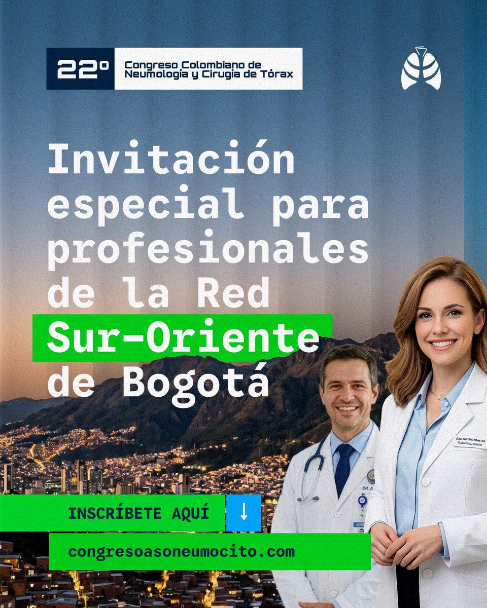 asoneumocito142's tweet photo. Invitación especial para profesionales de la Red Sur-Oriente de Bogotá 💙
Los esperamos en el 22° Congreso Colombiano de Neumología y Cirugía de Tórax.
📍 Bogotá | 📅 9 al 12 de junio de 2026 | 🏨 Hotel Sonesta
Inscríbete aquí: https://t.co/XksraAjUnr https://t.co/INXh8sj9p4