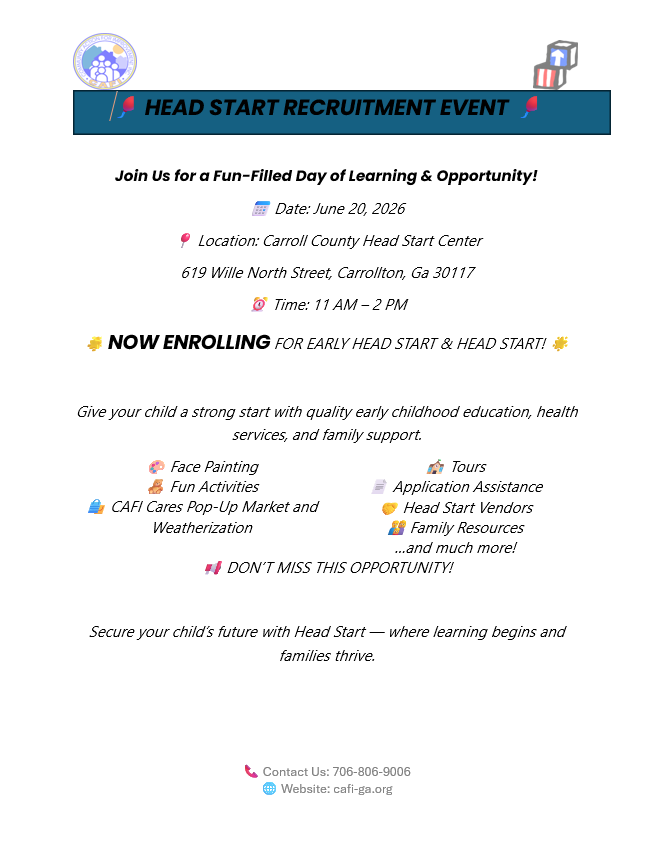 CAFI_Inc_GA's tweet photo. On Saturday, June 20 from 11:00 AM to 2:00 PM, we will host a recruitment event at our Carroll County Head Start Center! 🎉
#HeadStart #CarrolltonGA #CarrollCountyGA #CAFI https://t.co/aJBfIrtxKJ