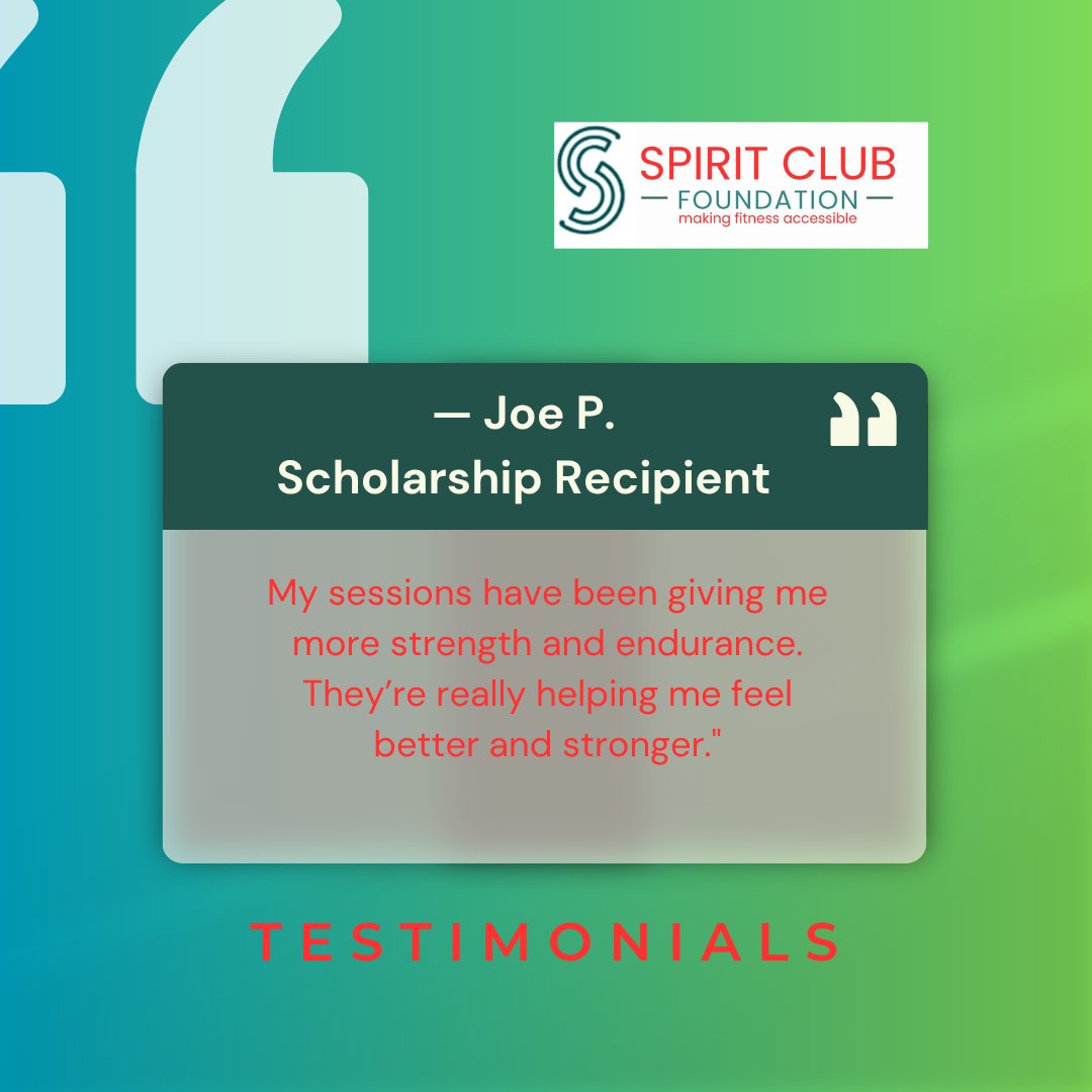 SpiritClubFnd's tweet photo. "My sessions have been giving me more strength and endurance. They’re really helping me feel better and stronger." -— Joe P. Scholarship Recipient

#SpiritClubFoundation  #InclusiveFitness #AdaptiveFitness #Accessibility #WellnessForAll #CommunityImpact #DisabilitySupport https://t.co/WgHq3jTRpv