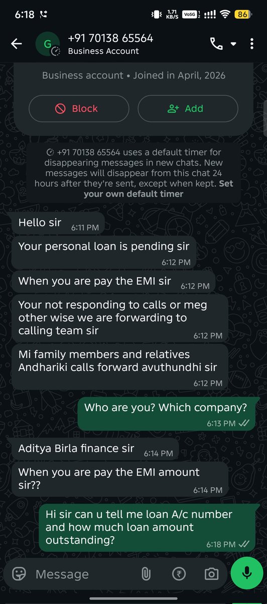 pruthvyraj222's tweet photo. @AdityaBirlaCap Recovery agent from +91 70138 65564 is threatening to call my family members and relatives regarding loan recovery. Request immediate intervention and investigation. Such practices violate customer privacy and fair recovery guidelines.#LoanRecovery #CustomerRights https://t.co/aMTFyqMjwN