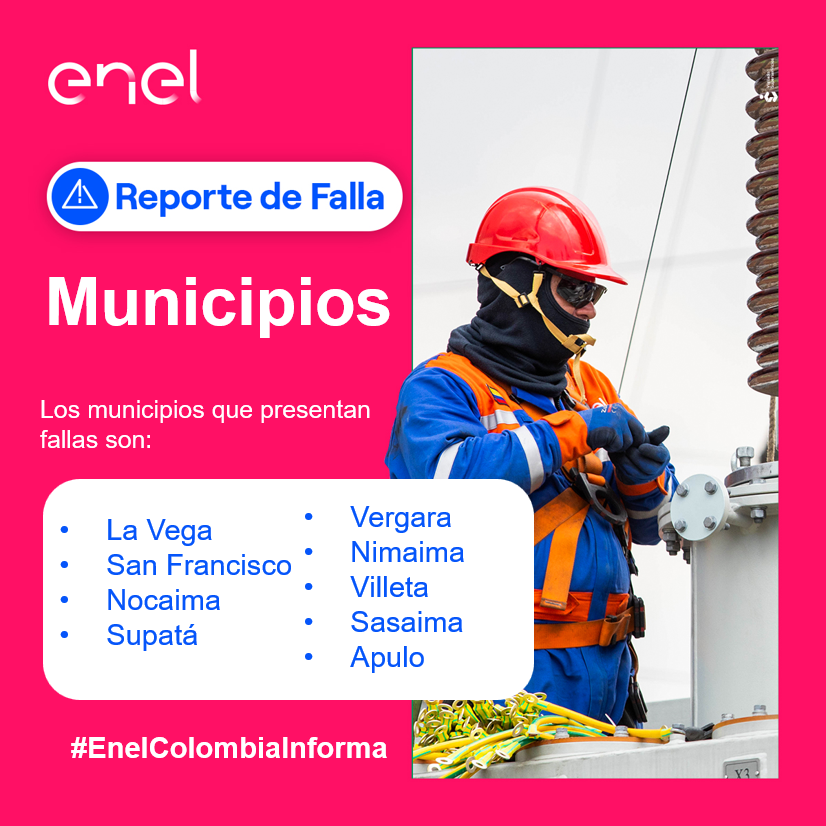 EnelClientesCO's tweet photo. #Cundinamarca nuestro equipo se dirige a la zona para identificar la falla reportada, seguimos trabajando para ti 👨‍🔧⚡

Los municipios afectados son:
#LaVega, #SanFrancisco, #Nocaima, #Supatá, #Vergara, #Nimaima, #Villeta, #Sasaima y #Apulo

Te invitamos a estar pendiente de nuestros canales para mayor información.