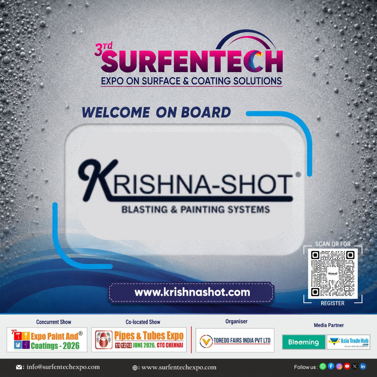 surfentechexpo's tweet photo. 🌟Welcoming KRISHNA SHOT BLASTING INDIA to Surfentech Expo 2026!
We’re excited to have them at this premier industry gathering.
📍#Chennai Trade Centre, 11–12–13 June 2026
#SurfentechExpo2026 #WelcomeOnBoard
#surfentech2026 #surfentechexpo #surfacetech #coatingsexpo #toredofairs https://t.co/7bivYgcF1O