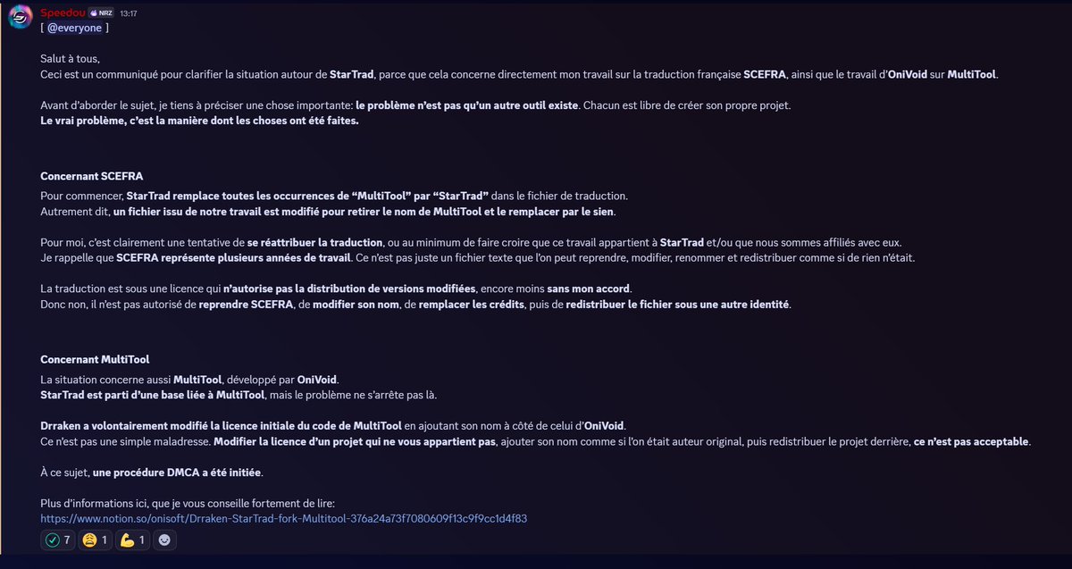cmd_Terada's tweet photo. Commu de merde et vol de contenu jour 1230198 #StarCitizen

La trad SCEFRA et l'outil Multitool ont été entièrement volé par un mec pour faire son propre outil appelé StarTrad, entièrement modifié à l'IA + fuites de data dans tous les sens + violations des licences sans aucune autorisation. Ne téléchargez pas ce truc, ça vol des années de travail sans aucun respect !

Plus d'infos : https://t.co/YjmKtUnF9d

L'appli Multitool originale : https://t.co/iNCdJ8fHwY
