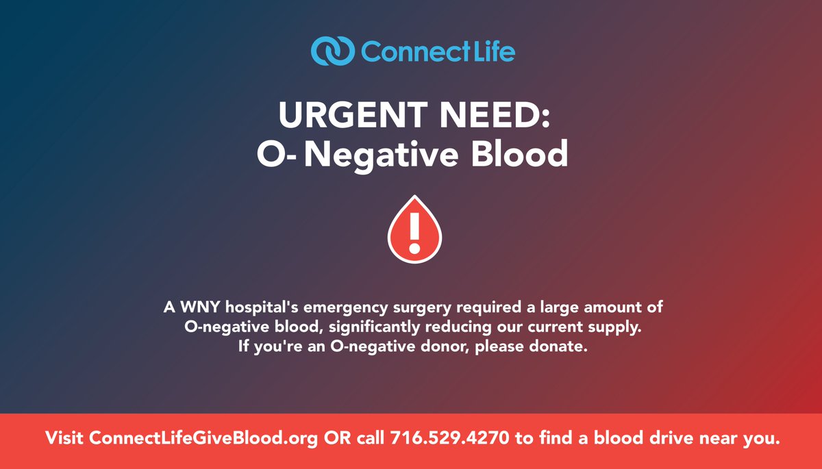 weconnectlife's tweet photo. O NEGATIVE DONORS NEEDED IN WNY

After a local organ transplant surgery, our area's #Onegative supply is dangerously low. We need O negative donors to come out and donate today. Spread the word!

Call 716-529-4270 or visit https://t.co/RKD6i2kgFh to find a #blooddrive near you. https://t.co/BjyIkdlhs5