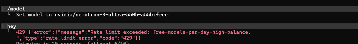DevBhunwal's tweet photo. Hi @gitlawb,

I updated OpenClaude to the latest version, but when I select the Nemotron model I get this error:

API Error: 429 {"error":{"message":"Rate limit exceeded: free-models-per-day-high-balance","type":"rate_limit_error","code":"429"}}

Could you please let me know how to resolve this issue? Is there a daily limit, or is there something I need to configure on my account?

Thank you.