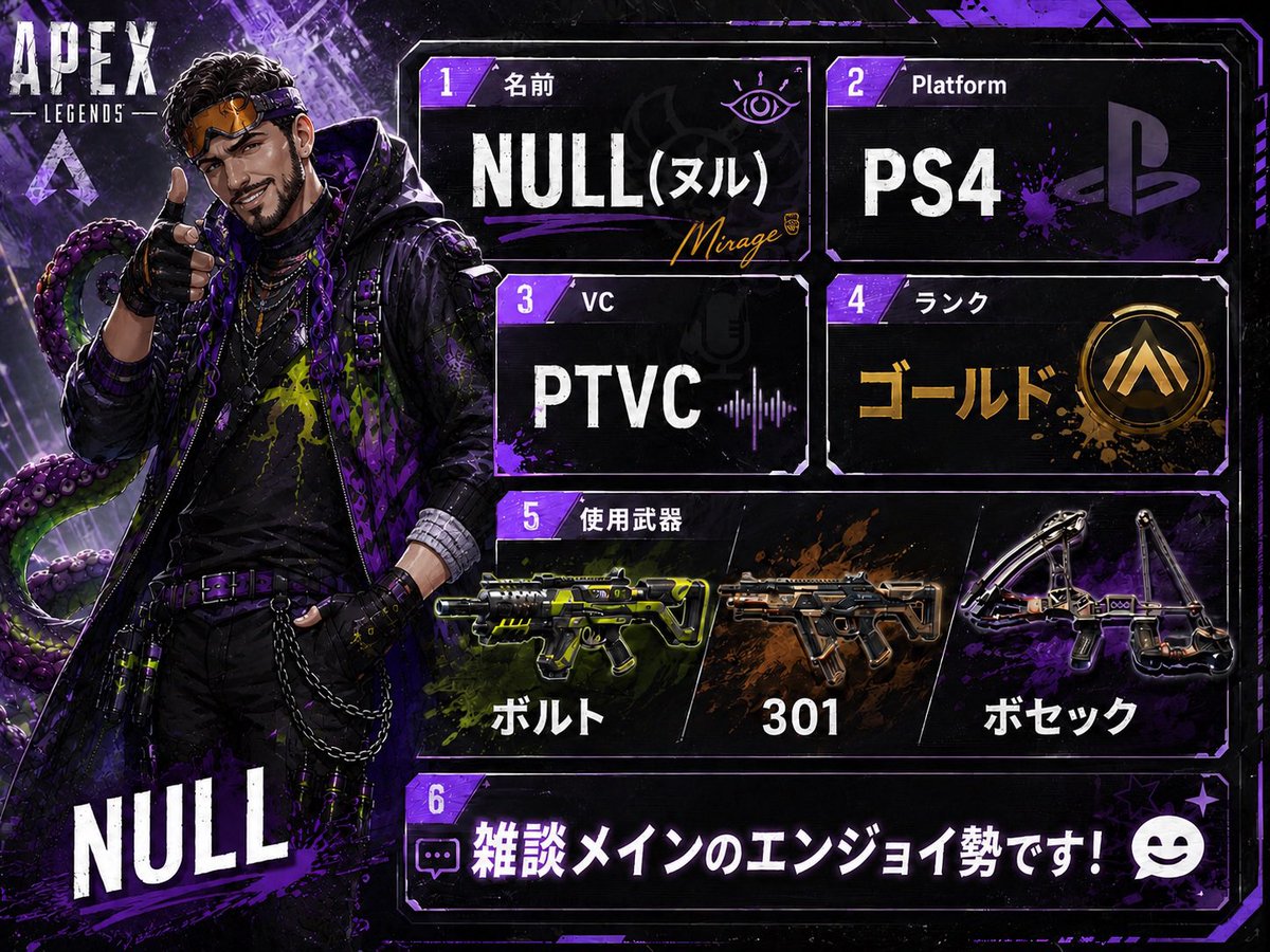NULL_GAME00's tweet photo. 新シーズン乗り遅れたけど、フレンド募集してます。
ポイントとか気にせず、雰囲気良くやりたいです！
無言フォローOKです。IDはDMで。
別ゲーもしたい！

 #Apex募集
 #Apex自己紹介カード
 #Apexフレンド募集 https://t.co/OLpVqmWjqM