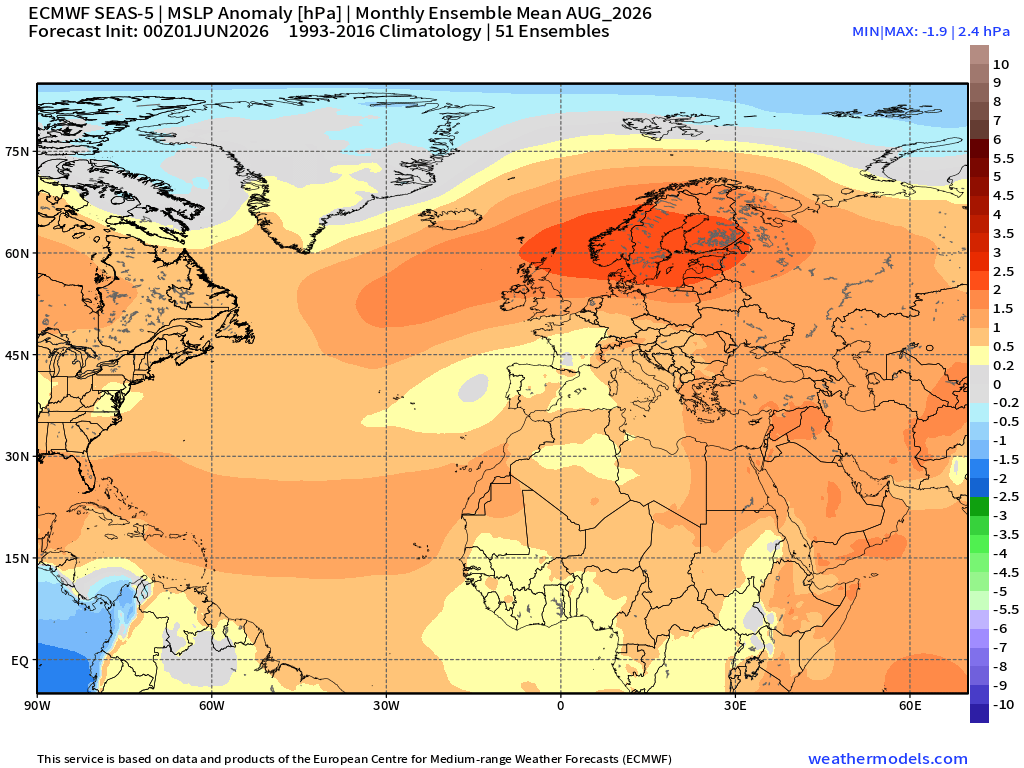 AndyHazelton's tweet photo. I think the new Euro is arguably even more hostile in the Atlantic this year than CanSips haha. Dry anomalies everywhere and high pressure throughout the MDR. No signal for any CV activity whatsoever. Verbatim this would probably be the quietest Atlantic season since 2013. https://t.co/ZU5aLH22E8