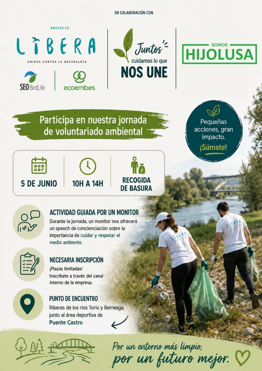 hijolusa's tweet photo. Hoy, Día Mundial del Medio Ambiente, nos sumamos al Proyecto Líbera 🌿

Jornada de recogida de basura en las riberas de los ríos Torío y Bernesga. Pequeñas acciones, gran impacto 💚
#SomosHijolusa #ProyectoLibera #MedioAmbiente #León
@LiberaResiduos https://t.co/UIPLFD9DFQ