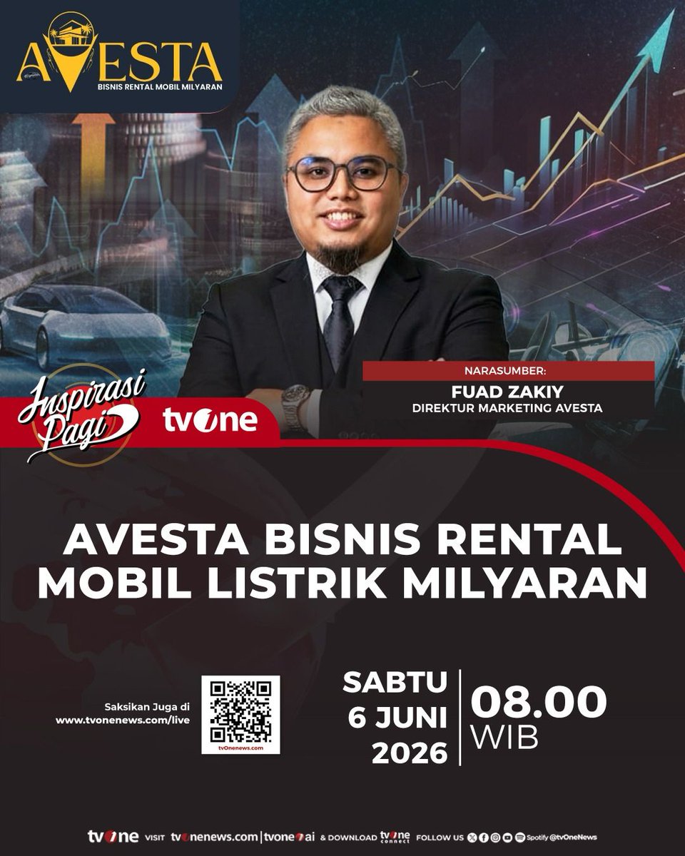 tvOneNews's tweet photo. Saksikan program Inspirasi Pagi tvOne dengan tema: Avesta Bisnis Rental Mobil Listrik Milyaran bersama Fuad Zakiy - Direktur Marketing Avesta
Sabtu, 6 Juni 2026 pukul 08.00 WIB di tvone & live streaming di https://t.co/ZMDSz6eYgY
#InspirasiPagitvOne #CariBeritaditvOne #Avesta https://t.co/wTLWmPLJgD