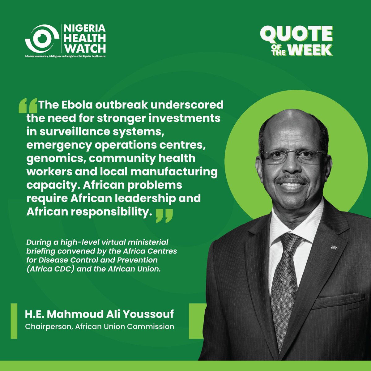 nighealthwatch's tweet photo. #NHWQUOTEOFTHEWEEK

The path to a healthier future and a more secure Africa lies not in reacting to emergencies, but in building systems strong enough to withstand them.

As the continent continues to confront emerging health threats, the way forward depends on sustained investment in resilient health systems. Ultimately, the strength of our response is determined by the strength of our systems, institutions, and leadership.