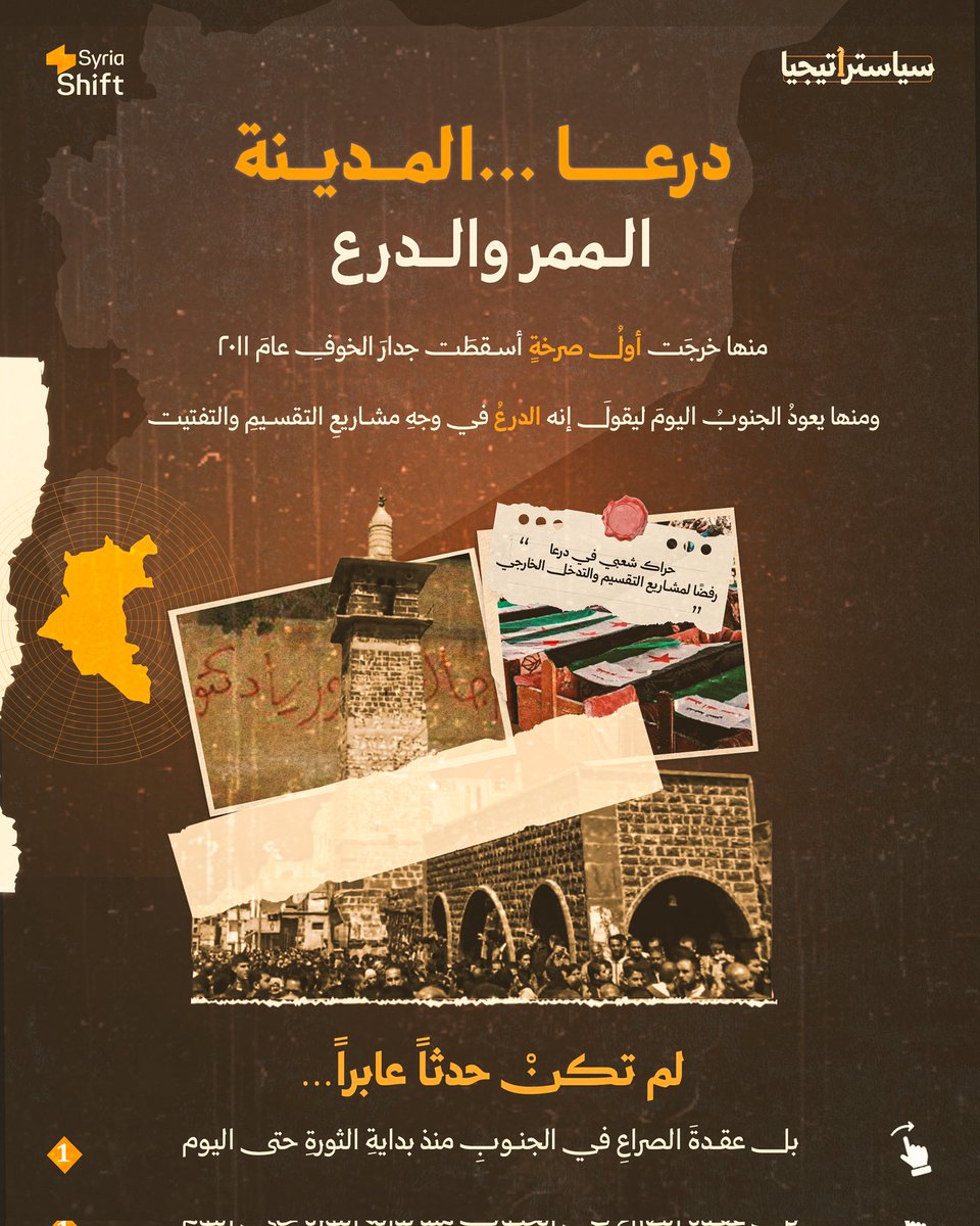 SyriaShift's tweet photo. لم تكن حدثاً عابراً.. بل عقدة الصراع في الجنوب منذ بداية الثورة حتى اليوم

#سياستراتيجيا https://t.co/o6eXdD5lcx