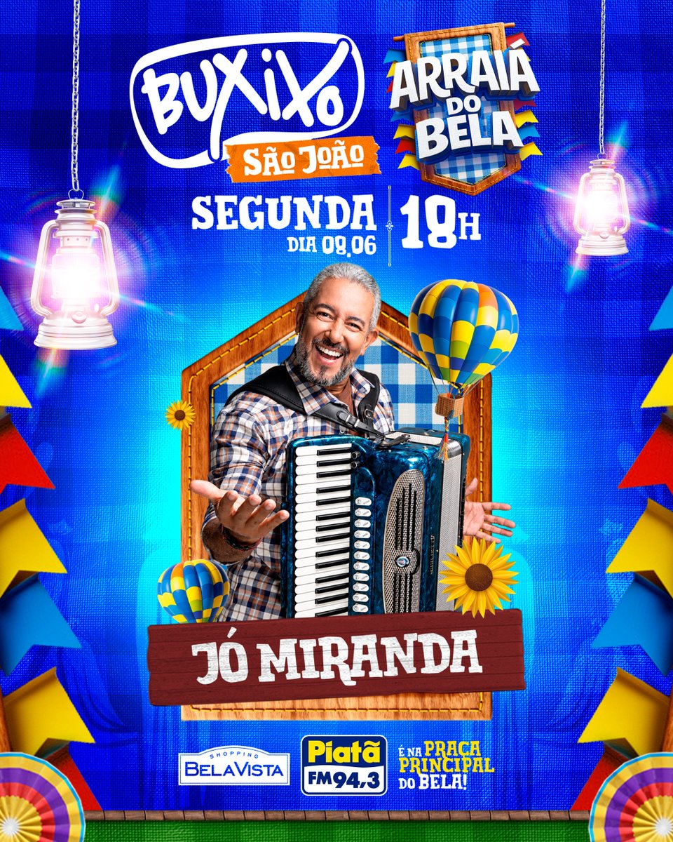 PiataFM's tweet photo. AMANHÃ TEM BUXIXO NO ARRAIÁ! 🔥

O clima de São João já tomou  conta do #Buxixo e quem chega é #JóMiranda, pra fazer aquele show e colocar todo mundo no ritmo gostoso! 💛

🗓️ SEGUNDA-FEIRA (08.06), às 18h
📍 Direto da Praça Principal do Shopping Bela

 #PiatãFM #EmpurraPiatã https://t.co/OXhTG9IEzy