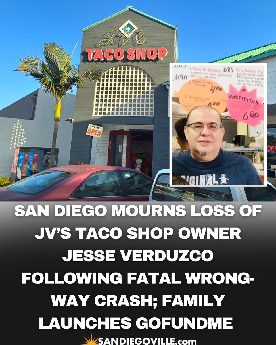 SanDiegoVille's tweet photo. The San Diego community is mourning the loss of Jesús “Jesse” Verduzco, the longtime owner of Linda Vista’s beloved JV’s Mexican Food, who was killed last week in a tragic wrong-way collision on Interstate 5. 

https://t.co/cmdqKNNegc https://t.co/qXCHM2oWJa