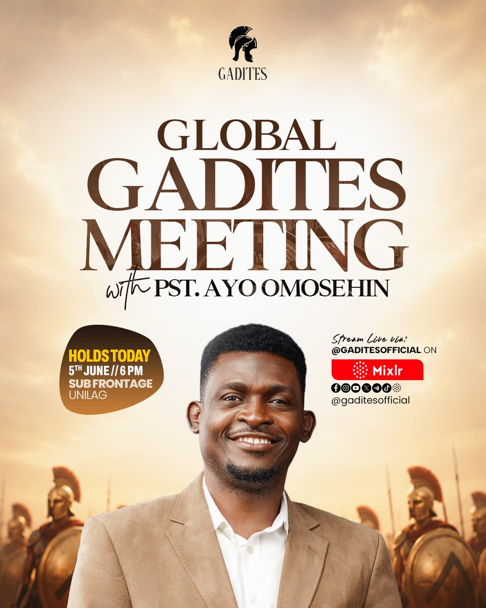 GaditesOfficial's tweet photo. GLOBAL GADITES MEETING WITH PASTOR AYO OMOSEHIN!🔥

Great grace abounds tonight! Come ready to be blessed by the Lord through God’s servant. Don’t miss it!😊

Friday, June 5th 2026 | 6:00 PM WAT | SUB Frontage | Online on Mixlr via https://t.co/cf0K8MpesC https://t.co/84LOPpWEF2
