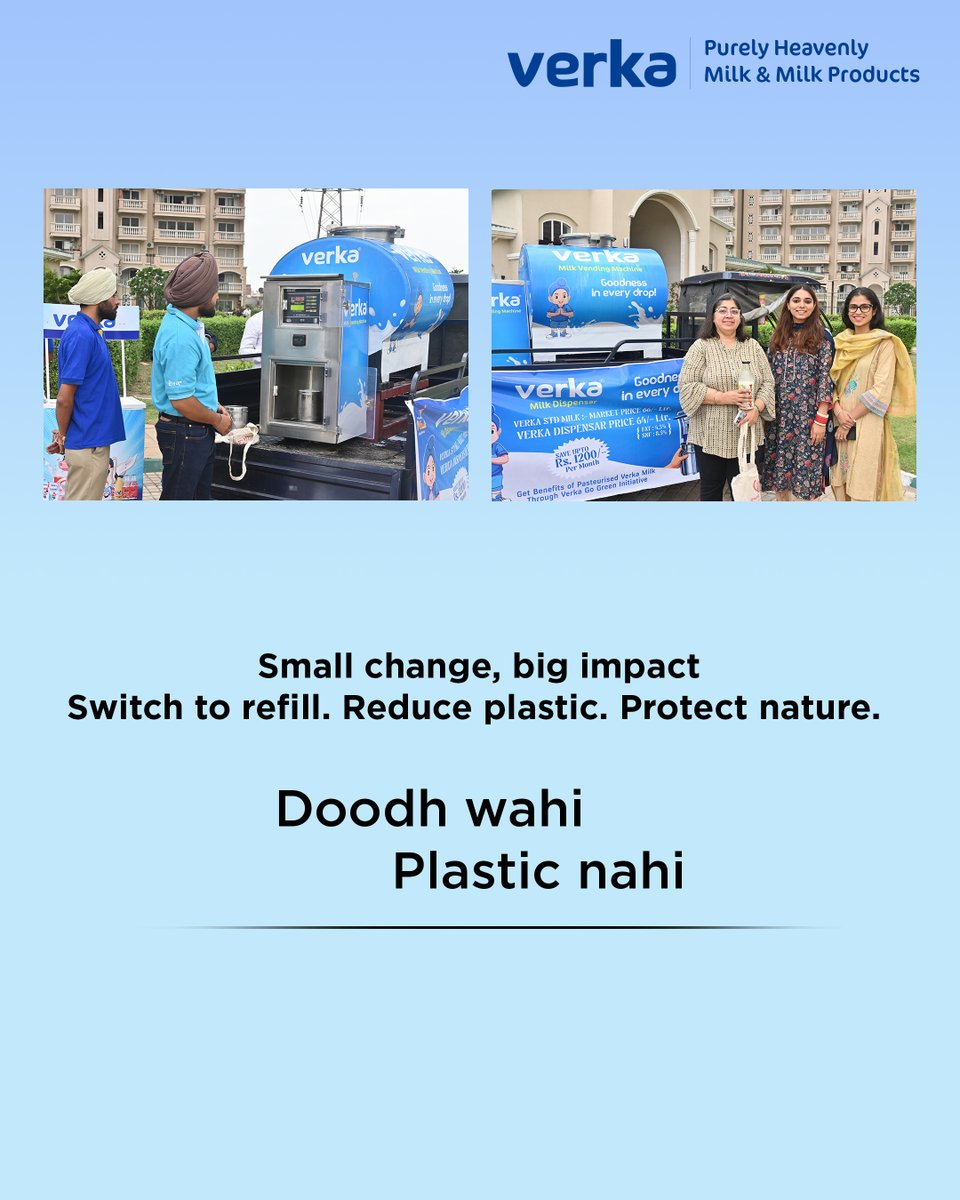 Verka_Coop's tweet photo. On World Environment Day 2026, we reaffirm our commitment to a cleaner tomorrow through everyday action.

In collaboration with the Punjab Pollution Control Board and Verka, the focus is on rethinking how we consume essentials introducing refill-based milk dispensing systems that help cut down single-use plastic while keeping quality and freshness intact.

The enthusiastic response from residents reflects a growing shift toward sustainable choices and mindful living.

Because real change doesn’t always begin with big steps it starts with small, consistent habits.

Doodh wahi. Plastic nahi.
 @ppcbgovt 

#WorldEnvironmentDay #BeatPlasticPollution #Verka #PunjabPollutionControlBoard #Sustainability