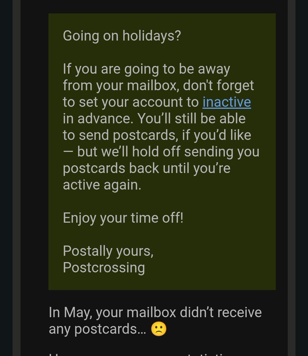 chizznanda's tweet photo. Nyoba postcrossing beberapa udah nyampe, tp sama sekali blm pernah nerima kartu pos sampe ada pemberitahuan buat inaktif akun. Emang selama itu kah?? 
Ada kartu pos yg udah hampir 2 bln juga blm nyampe2. Ntah nyantol dmn. Atau emang sekureng itu layanan pos sini?? https://t.co/ztV7sYuWis