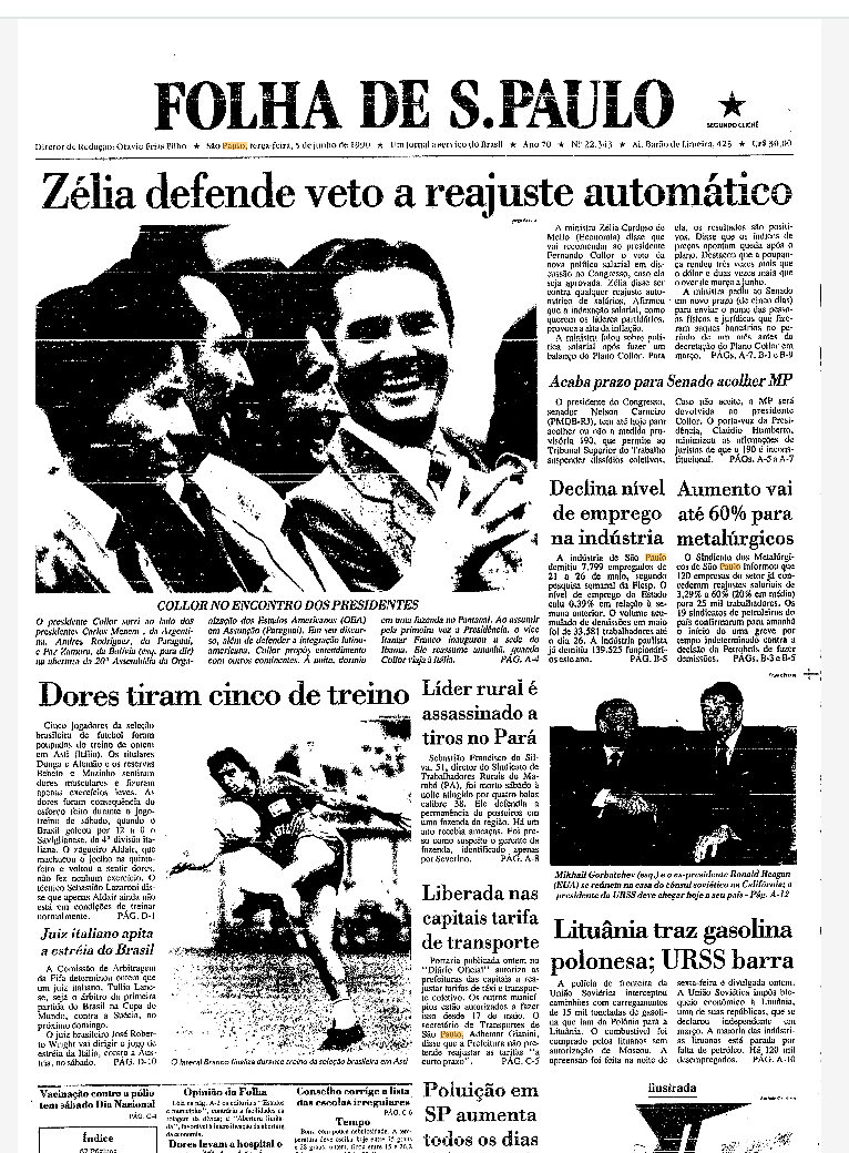 brasilcopa70's tweet photo. As manchetes da Folha de S. Paulo de 5/6/90 eram sobre veto do governo Collor de Mello a aumentos salariais e jogadores de @CBF_Futebol impedidos de participar de treino para a #1990WorldCup por causa de "dores musculares". https://t.co/pWnUfoffEc https://t.co/nZZTFKFRur
