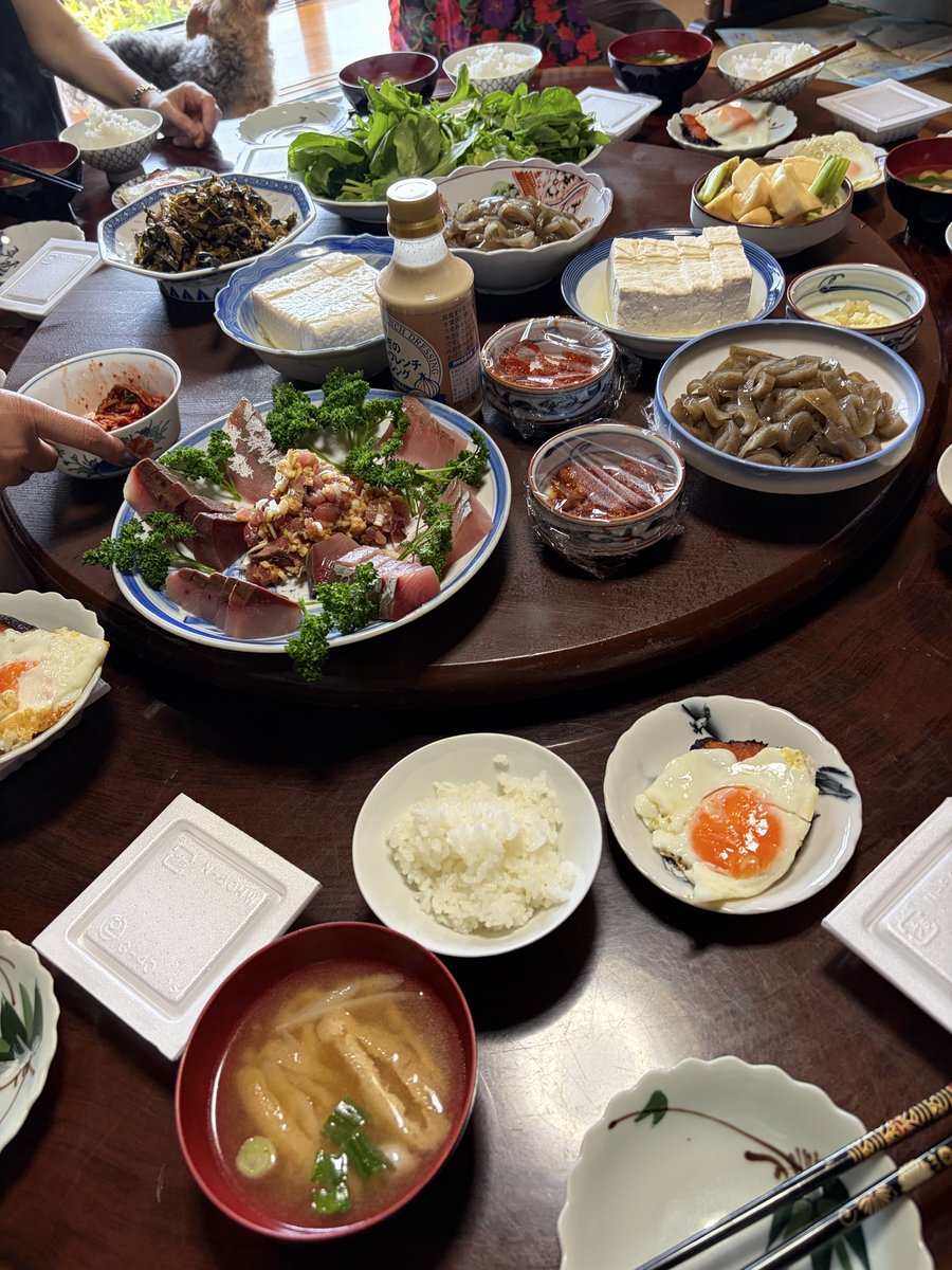 Bluebird1107T's tweet photo. 大勢で食べた朝食

手前の刺身は #ワラサ
こんにゃくみたいなのは
#いごねり
日本海で収れる海藻（イゴグサ）から作られるんだって

おかわり🍚ぃ〜

6/1 https://t.co/YkFoeqNm9E