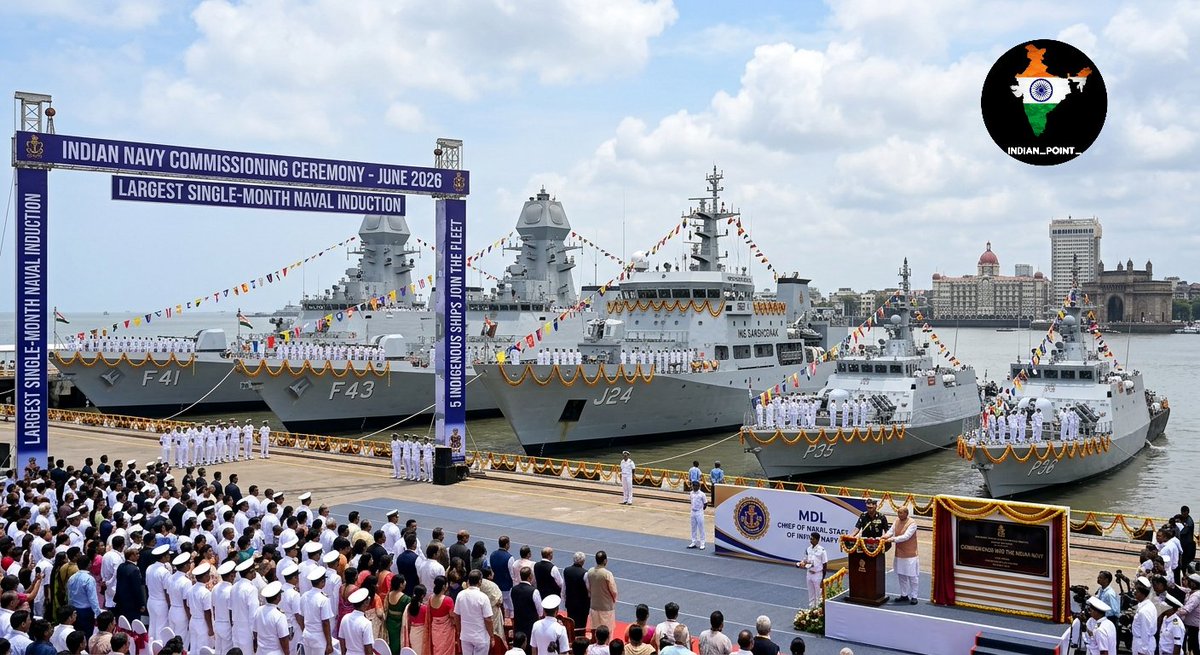 Indian_point_'s tweet photo. The #IndianNavy is set to commission five indigenous ships this month (June 2026), marking the largest single-month naval induction in recent years. 

The fleet includes two Project 17A stealth frigates, along with three other mission-specific vessel. https://t.co/KLs0tFfrpE