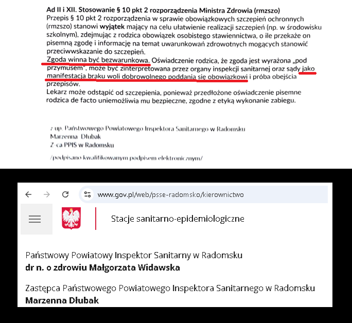 szczepienie's tweet photo. Niejaka Marzenna Dłubak z Radomska twierdzi (z upoważnienia niejakiej Małgorzaty Widawskiej z Radomska), że po otrzymaniu grzywny w celu przymuszenia nie możecie lekarzowi zgodnie z prawdą powiedzieć, że zgodę na szczepienie dziecka wyrażacie pod przymusem. 

Musicie wtedy skłamać, że robicie to dobrowolnie, ponieważ jeśli uczciwie poinformujecie lekarza, że zgodę wyrażacie pod przymusem, to możecie być oskarżeni o "manifestację braku woli dobrowolnego poddania się obowiązkowi i próbę obejścia przepisów"...🤡