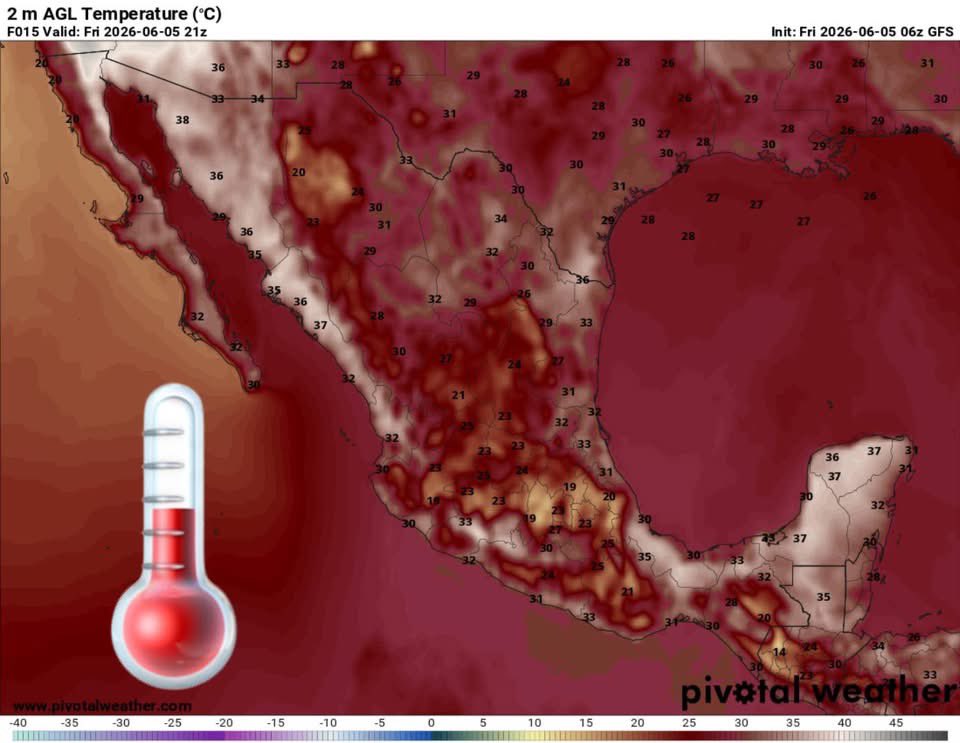 InfoMeteoro's tweet photo. 🚨SEGUIRÁ EL #TemporalLluvioso
PRONÓSTICO VIERNES 5/JUNIO/2026 

“Las lluvias disminuyen en el norte, aumentando en occidente, centro, oriente y sur con granizo e inundaciones…”

⛈️LLUVIAS Y TORMENTAS C/GRANIZO

🔴LAS MÁS INTENSAS🔴
-Jal, Mich, SLP, Gto, Qro, Hgo, EdoMex, CDMX, Mor, Pue, Tlax, Ver, Oax, Gro, Chis, norte de Coah

🟡EVENTOS AISLADOS FUERTES
-Chih, Coah, NL, Tamps, Dgo, Zac, Nay, Ags, Col, Tab, Camp, QRoo

🌡️AMBIENTE DIURNO☀️
🔥41-45ºC Yuc, Gro, Mich, Sin, Son, BC
🥵36-40ºC Pacifico, sureste, noreste y noroeste
🥵31-35ºC norte, noreste, oriente
😅20-30ºC occidente, Bajío y centro 

⚠️🌬️RÁFAGAS DE VIENTO km/h
35-60 estados del norte, centro, sureste, siendo mayores en zonas de tormenta