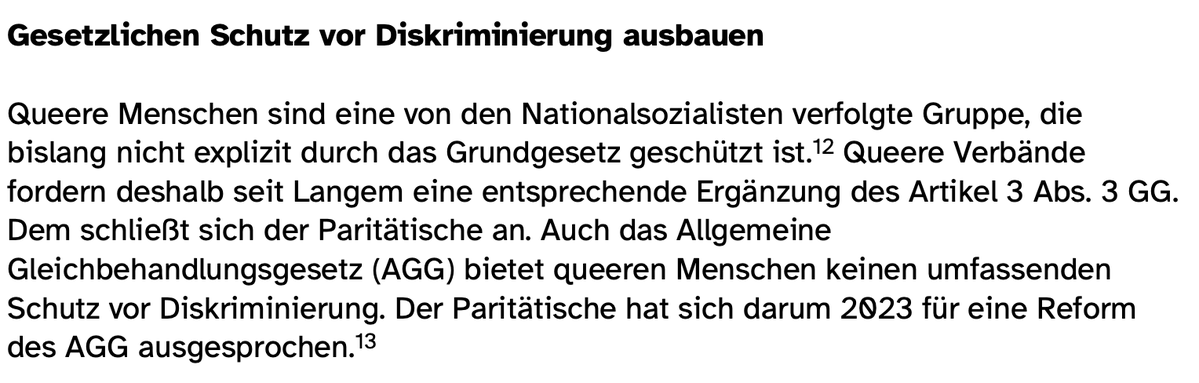 maxima_8's tweet photo. Der Paritätische Gesamtverband @Paritaet hat ebenfalls ein Queerpolitisches Grundsatzpapier herausgegeben. Mit der üblichen Transpropaganda. 
Drei Punkte finde ich besonders bewundernswert.
1. Die Verfolgung durch die Nationalsozialisten! Mir sind exakt drei Fälle von Verfolgungen bekannt. Alle waren aufgrund ihrer Homosexualität teilweise in Verbindung mit Diebstahl oder Prostitution verurteilt worden (Nicht wegen ihres Transvestitenseins). Für Transvestiten gab es den "Transvestitenschein". Damit konnten sie ihre Neigung unbeschadet ausleben. Ich kenne keinen einzigen Fall, bei dem es zu einer Verurteilung wg. Trans gab. Der Transvestitenschein wurde in den Fällen, wo eine Verurteilung wegen einer anderen Straftat vorlag zurückgezogen. Aber nur dann. Eine explizite, systematische Verfolgung von Transvestiten als eigene, definierte Gruppe gab es durch die Nationalsozialisten nicht. Es existierte kein spezifisches Gesetz und kein eigenes Verfolgungsprogramm, das sich gezielt gegen Transvestiten als solche richtete.
Man möge mich eines besseren belehren, wenn man kann. 
Es muss auch jeder selbst beurteilen, wie das aussieht, wenn sich die Transaktivisten in gleicher Reihe mit ermordeten und verfolgten Juden (6 Millionen), Roma/Sinti (ca. 400.000) und Homosexuellen (über 10.000) stellen. Sicher hat man in den aktivistischen Archiven 3, vielleicht sogar 10 dokumentierte Fälle. Das ist natürlich Verfolgung. Mich würden allerdings die Urteilsbegründungen sehr interessieren. Bei einem kenne ich den gesamten Lebenslauf. Da war definitiv Trans kein ausschlaggebendes Element.

2. Der Paritätische hält Prüfungen vor einer Kastration von Jugendlichen für überholt und möchte auf alle Fälle ein Hinauszögern vermeiden.
Da fragt man sich schon, warum man dort so ein großes Interesse an körperlich und geistig entwicklungsverzögerten Jugendlichen hat und deren Transen unbedingt beschleunigen will?
OHNE Begutachtung wohlgemerkt!
Und das, obwohl es die wpath-files gibt und die schwedische Kohortenstudie "Long-Term Follow-Up of Transsexual Persons Undergoing Sex Reassignment Surgery", die beweist, dass die Trans-Behandlungen keine Verbesserung erbringen. Was ja kein Mensch vermuten konnte.
Und das, obwohl es so viele Menschen gibt, die Ihre gesamte sexuelle Empfindsamkeit dank dieser Sektenideologie verloren haben und das unsagbar bereuen.

Es sollten alle das Pamphlet der Paritätischen herunter laden.
https://t.co/x99cMbuJxA

Denn wir wissen es alle. Irgendwann werden sie sich hinstellen und von nichts gewusst haben wollen.
