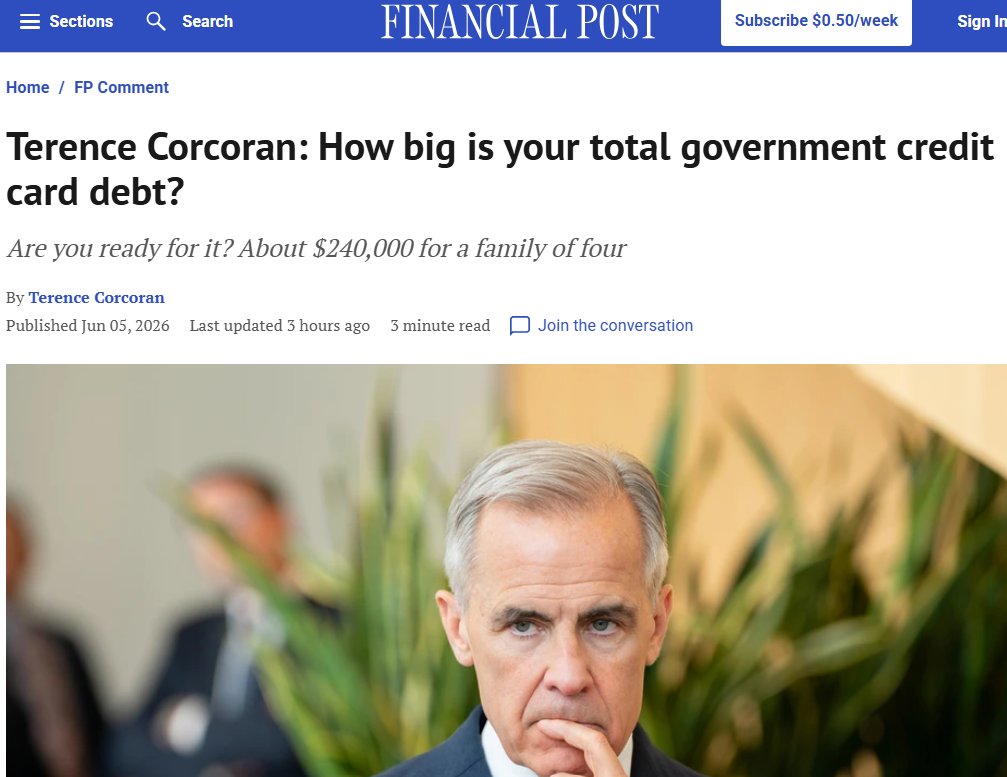 cbcwatcher's tweet photo. "But as Jack Mintz wrote in FP Comment last week, while the size of government debts today are problematic in themselves, their continued growth in coming years poses a risk of a serious future crisis. Without deficit discipline today the effect, said Mintz, “may well be to trigger a sovereign debt crisis.”

The $2.4 trillion in government debts may register more clearly if the mega numbers can be reduced to the level of individual finance.

The rough math is simple enough. There are about 40.5 million Canadians carrying $2.4 trillion in government debts, which breaks down to close to $60,000 per person. The number is known in fiscal circles as “net debt per capita” although in rough general terms it can be seen as the total government credit card debt carried by every Canadian. If a family of four including two teenagers is sitting around the kitchen table and one of them asks how much government debt they are carrying as a family, and the answer would be about $240,000." @terencecorcoran