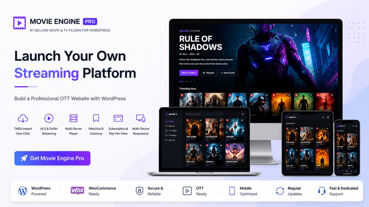 themepul's tweet photo. 🎬 Still spending hours manually adding movies and TV shows to your website?

Build a Netflix-style streaming platform with Cine Movie Engine — no complex development required.

→ One-click TMDb import
→ Movies, TV Series & Episodes management
→ Advanced HLS/DASH video player
→ Watchlist & Continue Watching
→ SEO-ready & monetization-friendly

Turn your WordPress site into a professional OTT platform and focus on growing your audience, not managing content. 

🔹Discover Movie Engine:
https://t.co/y18AEyDZ6P

#MovieEngine #WordPress  #OTTPlatform #TMDb #WebDevelopment #MovieWebsite #WordPressPlugin