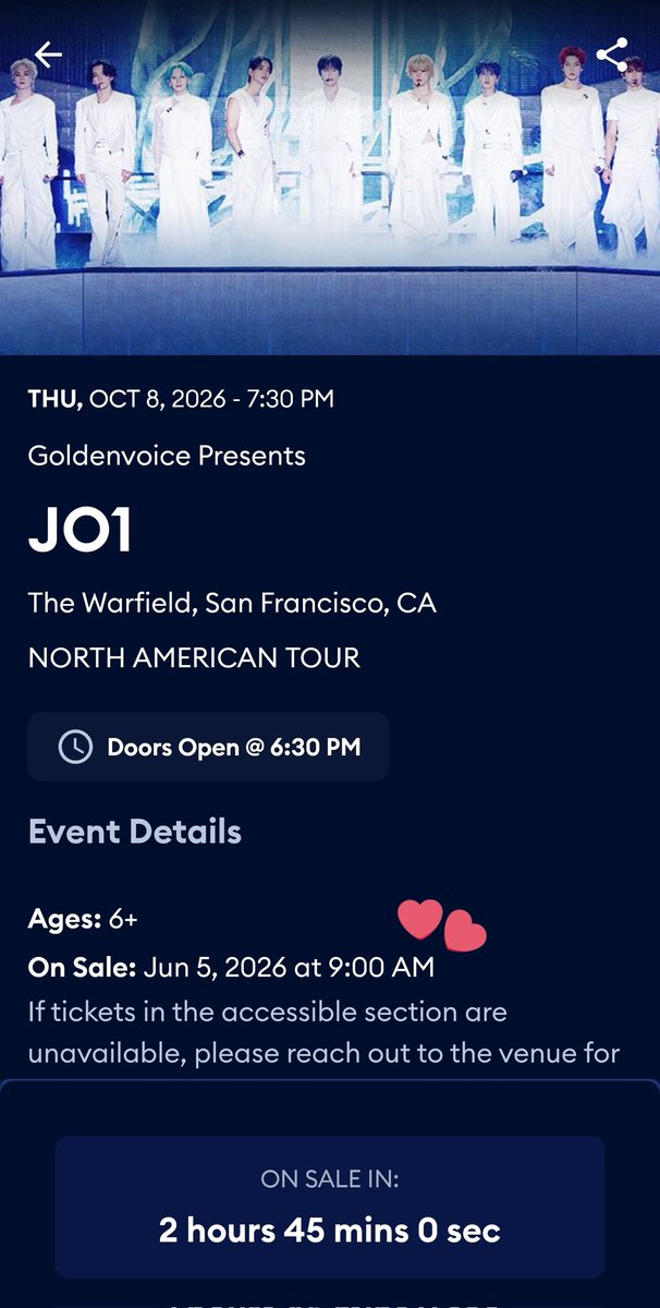 BayAreaJAMKai's tweet photo. 📢 SAN FRANCISCO TICKET SALE TIME CHANGE‼️

The ticket sale for the SAN FRANCISCO show at the WARFIELD has officially changed to 9:00AM‼️

Please share‼️

Good luck everyone🌉♥️

#JO1 #JO1_in_NorthAmerica https://t.co/fbycn5jYfM