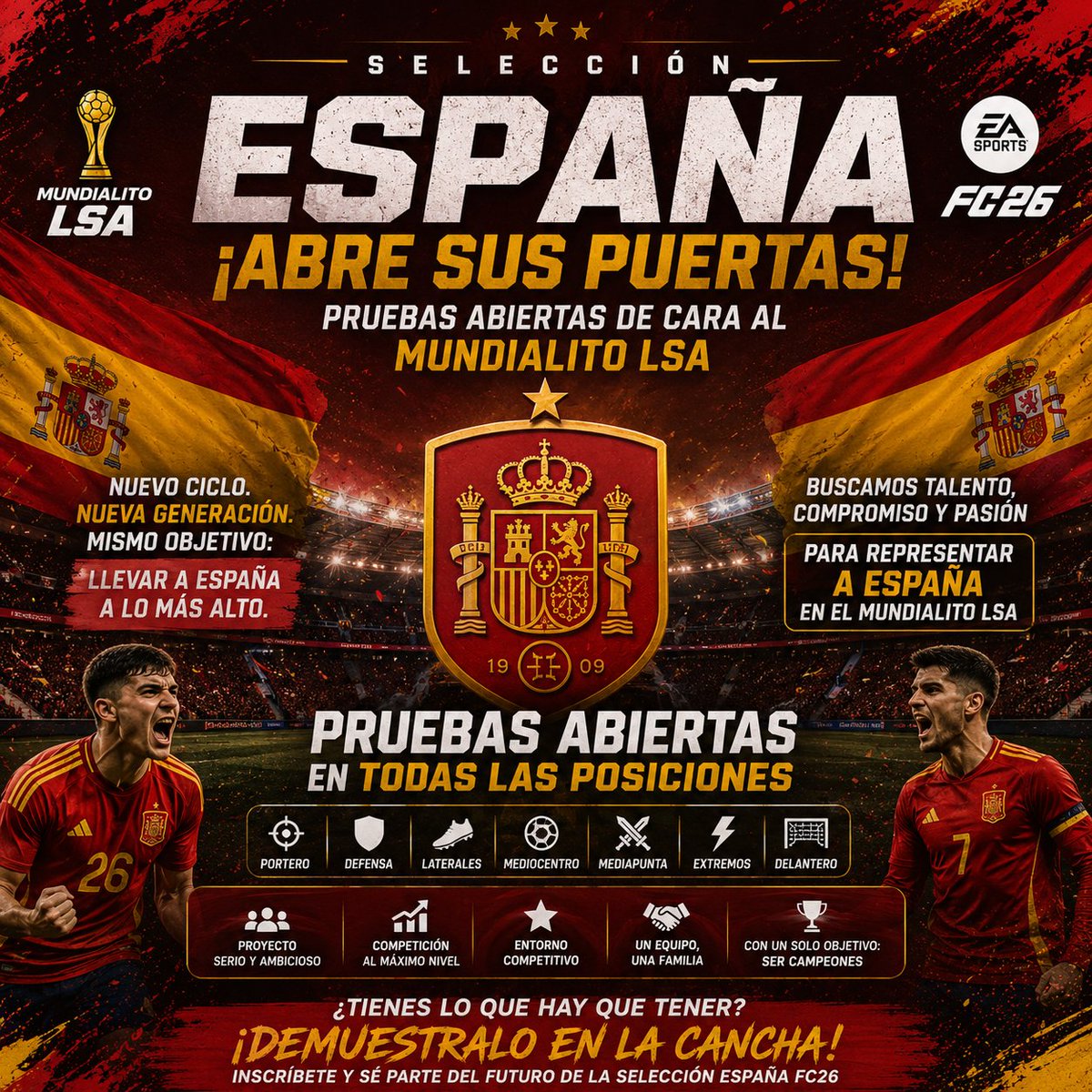 SLcanariaLSA's tweet photo. Abrimos pruebas de cara al mundialito de LSA @FLSAeSports 

Si quieres demostrar que estás la nivel de venir a competir y vestir la roja vente !! 🇪🇸

@AyudaInfoClubes https://t.co/rwUeT2Ck93